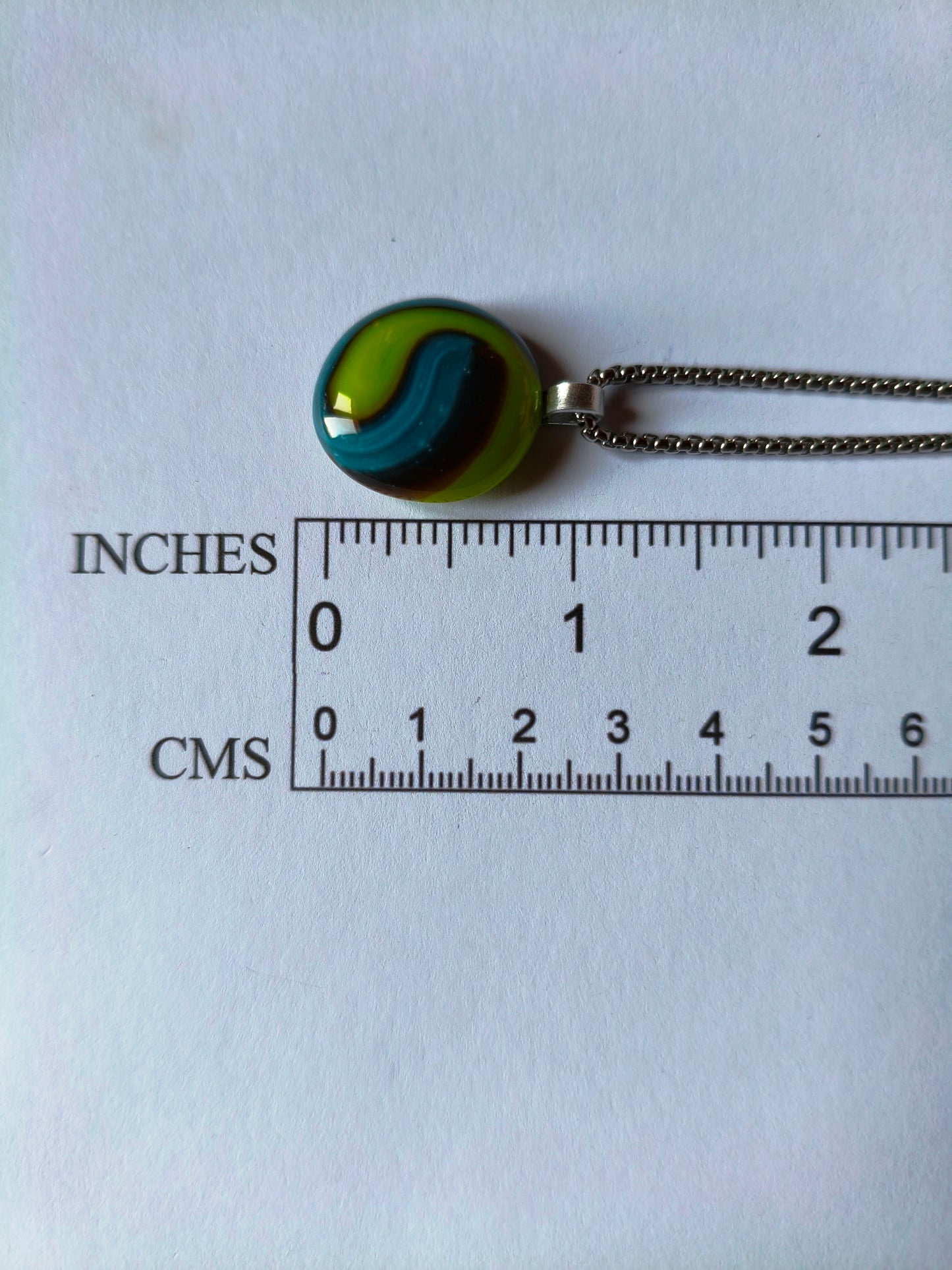 Handcrafted green and blue glass necklace pendant, melted marble creation, gender-neutral gift, small birthday gift, easy to mail