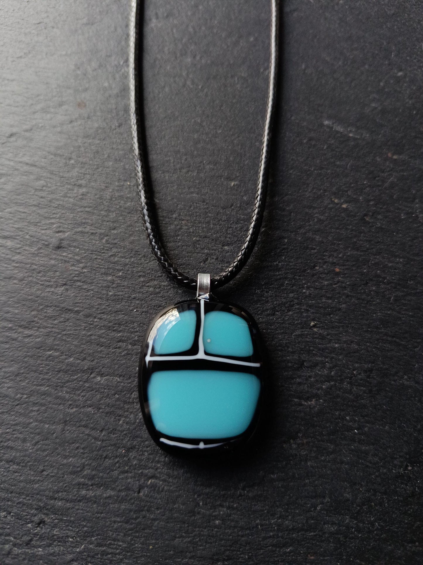 Handmade black and blue fused glass pendant with cord necklace, unisex birthday gift, unique jewelry, boho chic