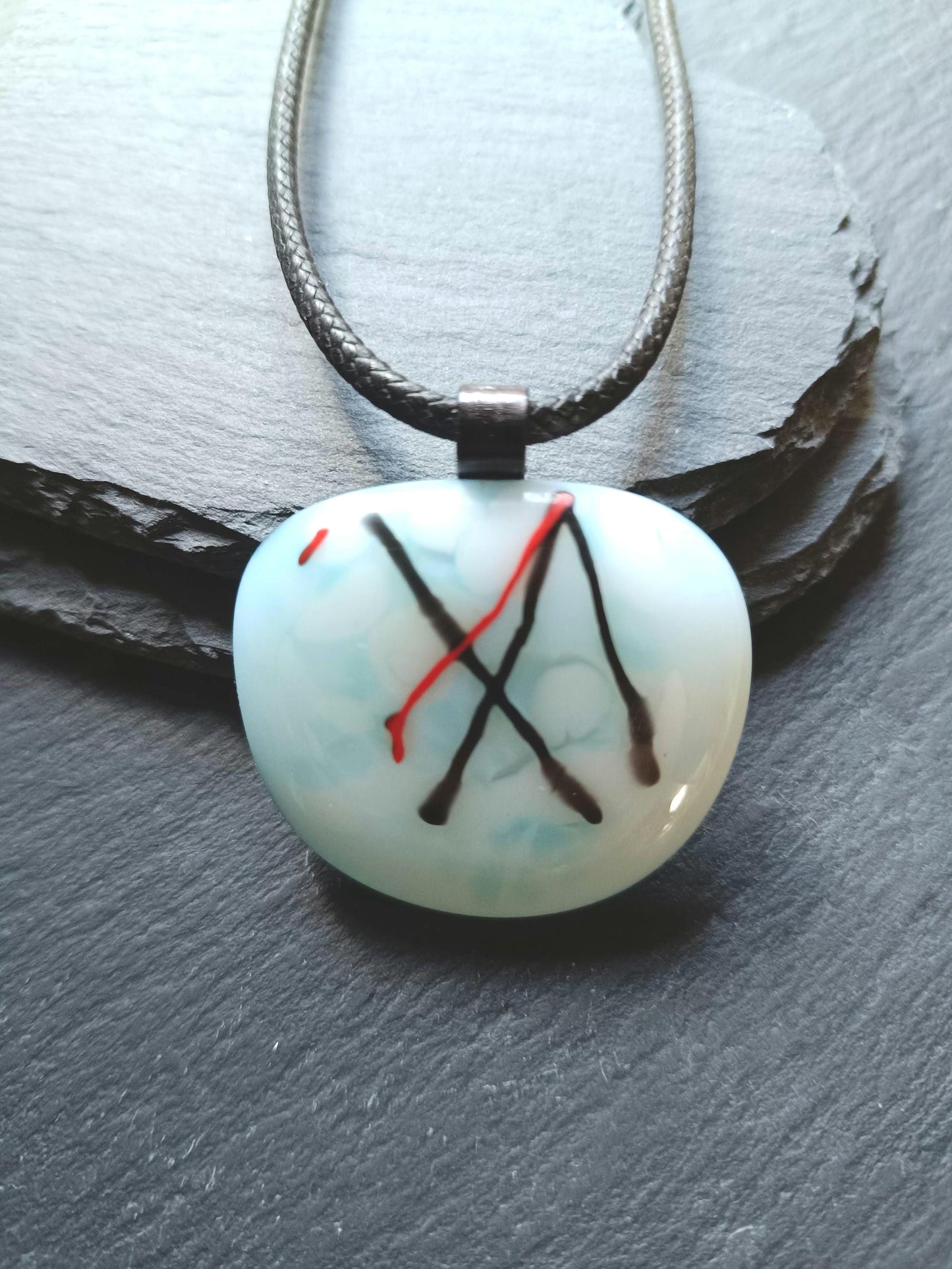 Handmade abstract large fused glass pendant with black cord necklace