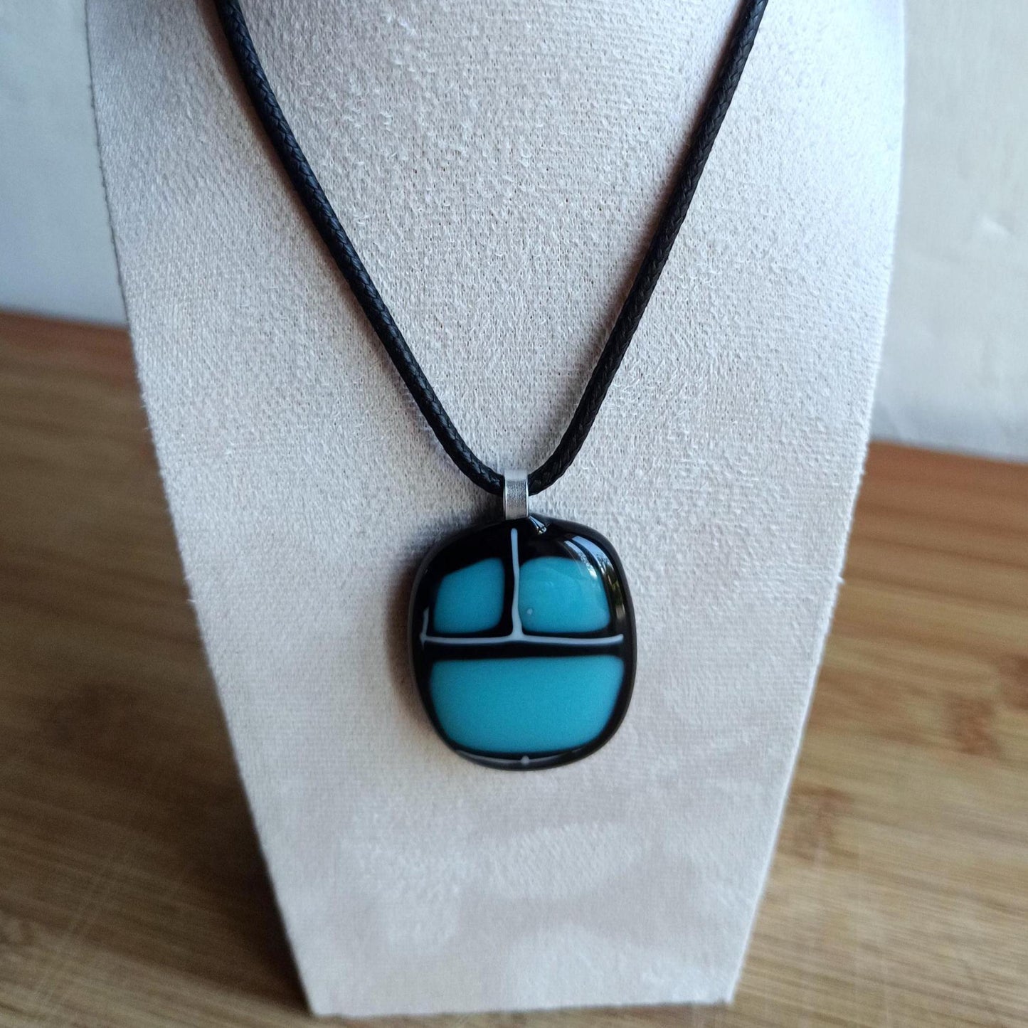 Handmade black and blue fused glass pendant with cord necklace, unisex birthday gift, unique jewelry, boho chic