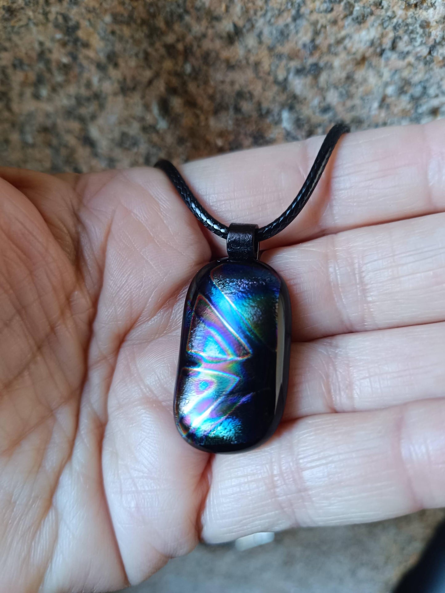 Handmade multicoloured dichroic fused glass pendant with cord necklace, easy to mail small gift, gender-neutral gift