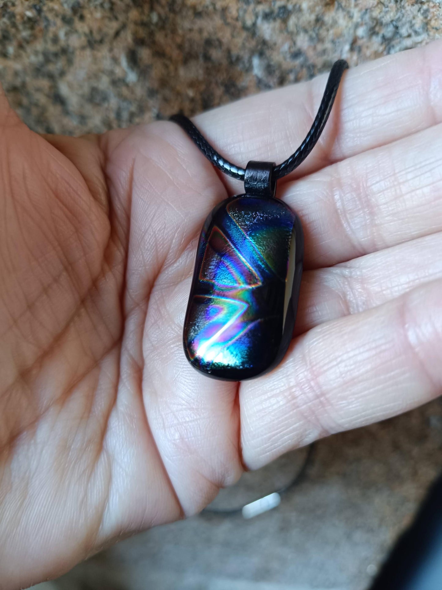 Handmade multicoloured dichroic fused glass pendant with cord necklace, easy to mail small gift, gender-neutral gift