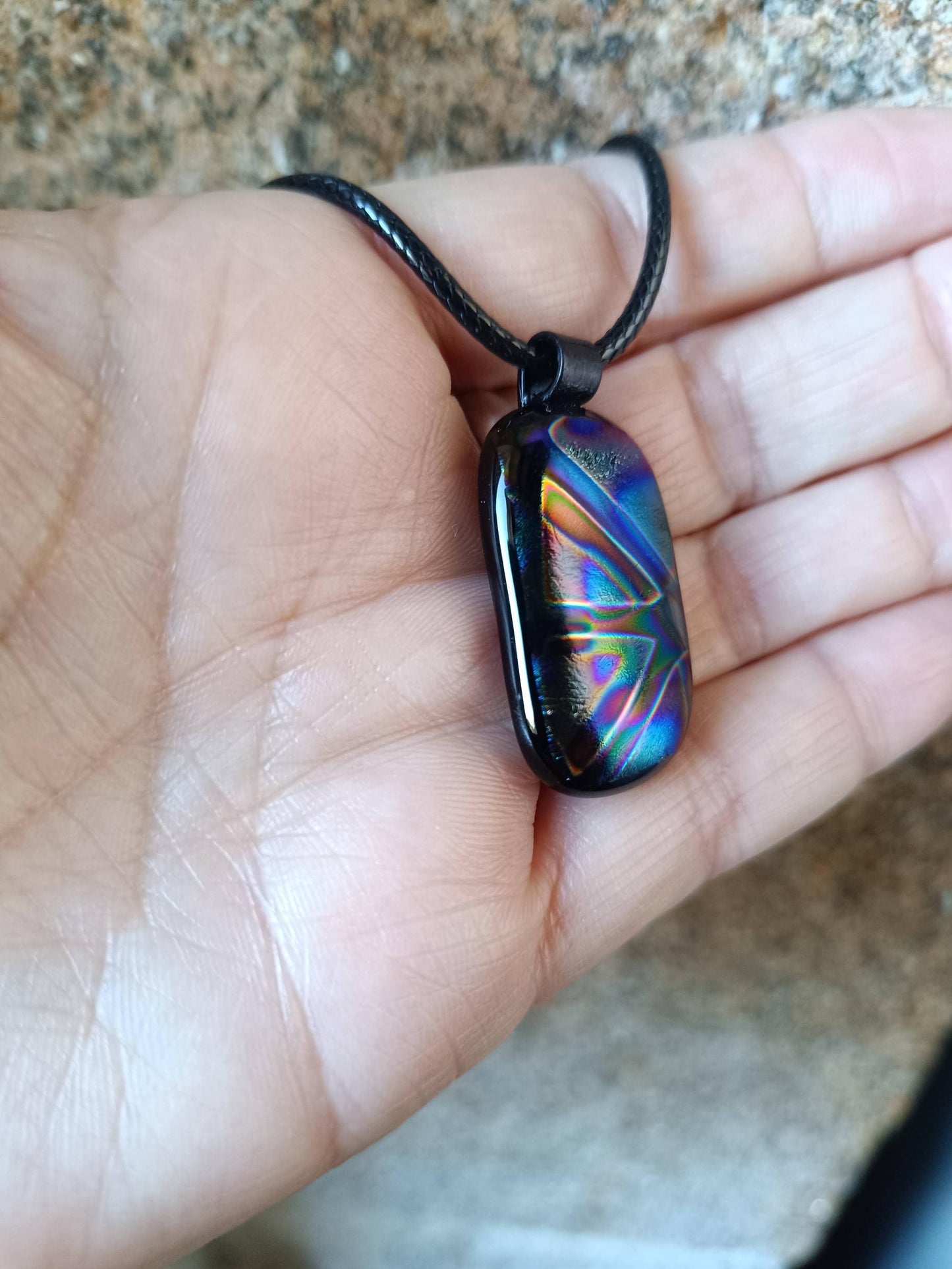 Handmade multicoloured dichroic fused glass pendant with cord necklace, easy to mail small gift, gender-neutral gift