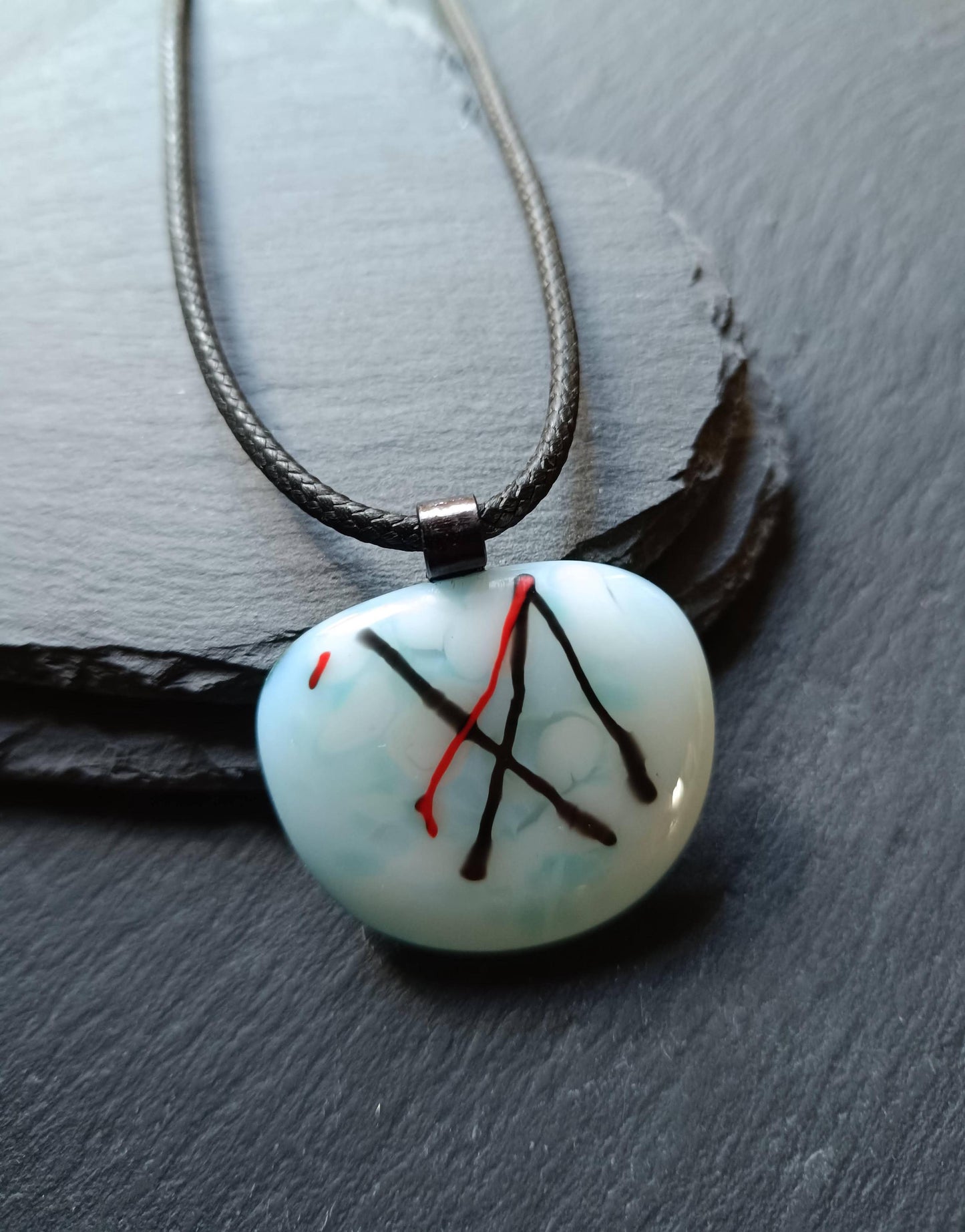 Handmade abstract large fused glass pendant with black cord necklace