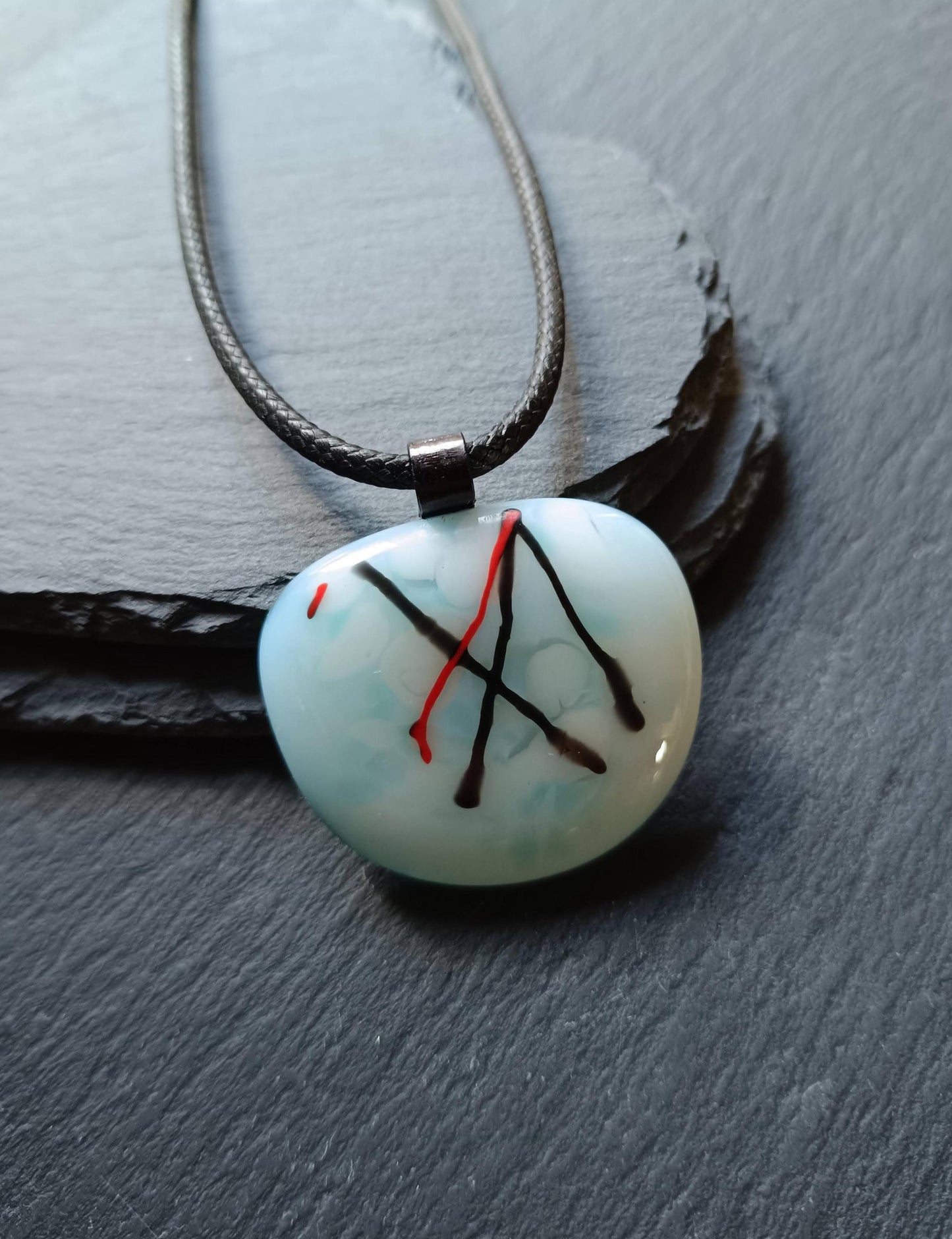 Handmade abstract large fused glass pendant with black cord necklace