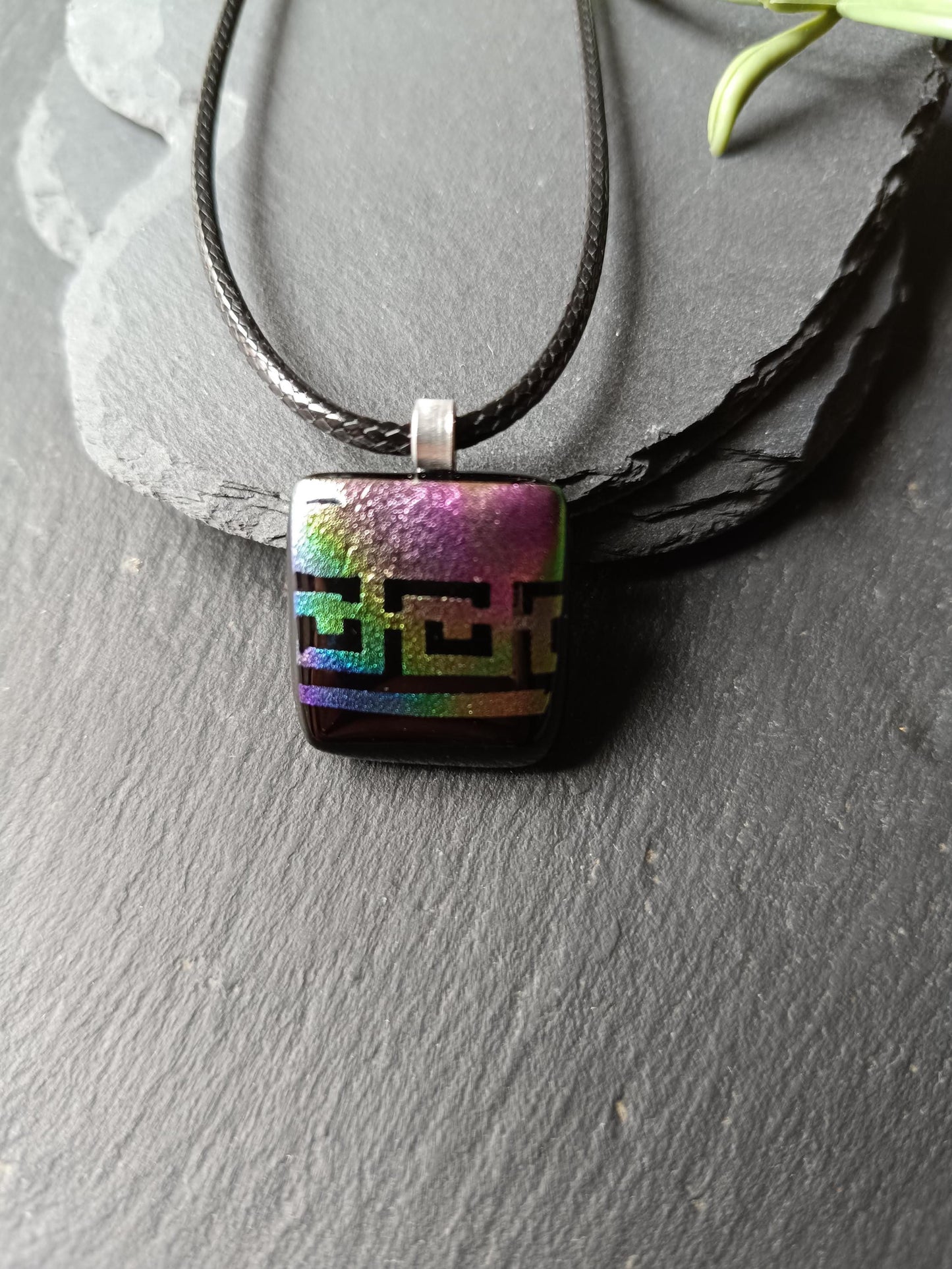 Handmade rainbow dichroic fused glass pendant necklace, gender-neutral birthday gift idea, easy to mail idea