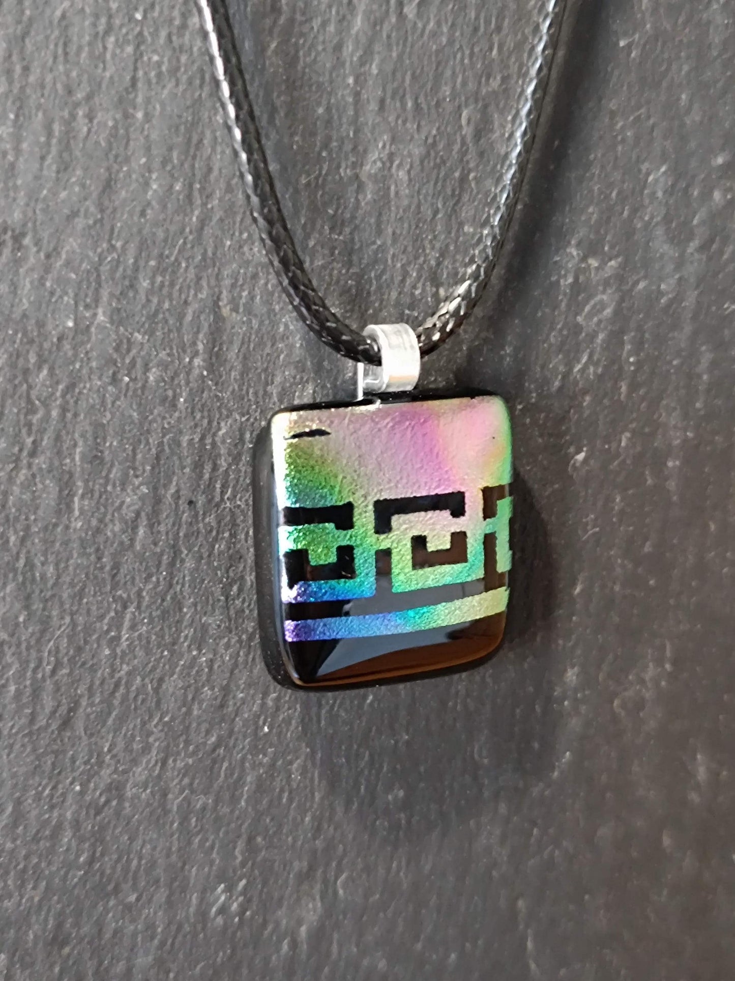 Handmade rainbow dichroic fused glass pendant necklace, gender-neutral birthday gift idea, easy to mail idea