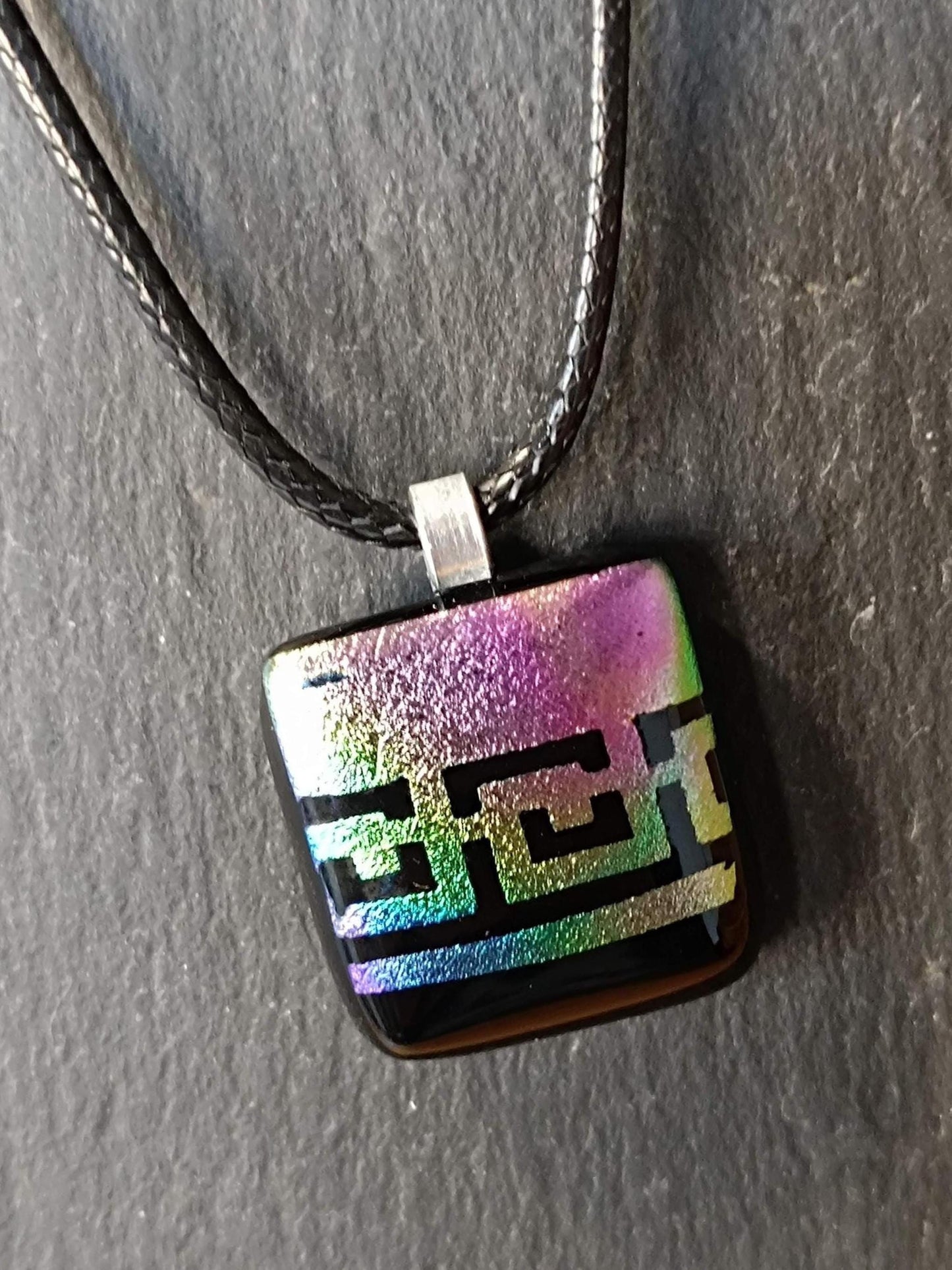 Handmade rainbow dichroic fused glass pendant necklace, gender-neutral birthday gift idea, easy to mail idea
