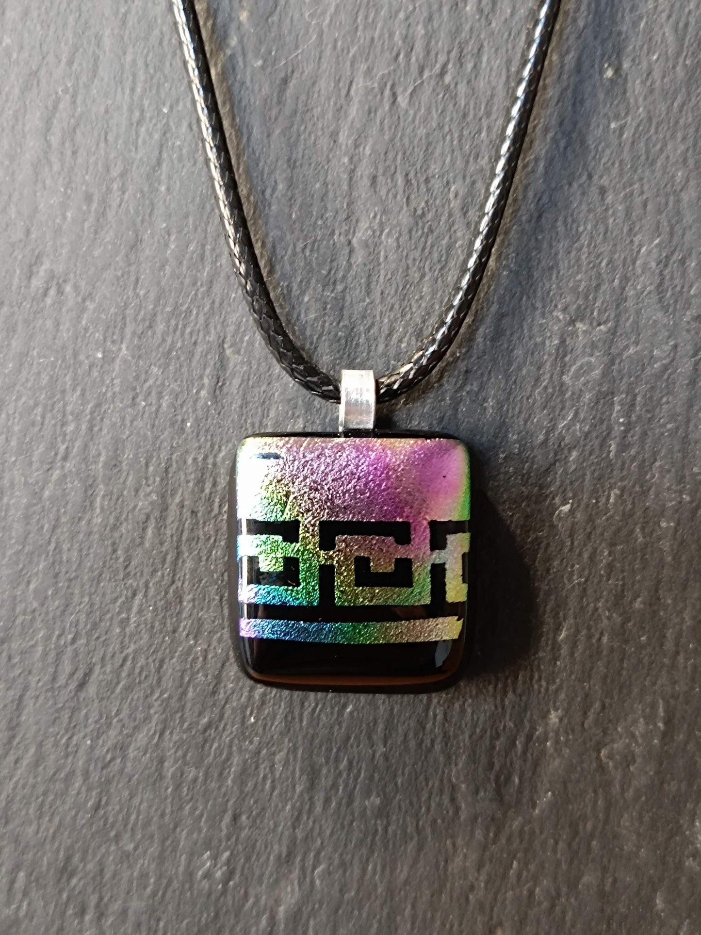 Handmade rainbow dichroic fused glass pendant necklace, gender-neutral birthday gift idea, easy to mail idea