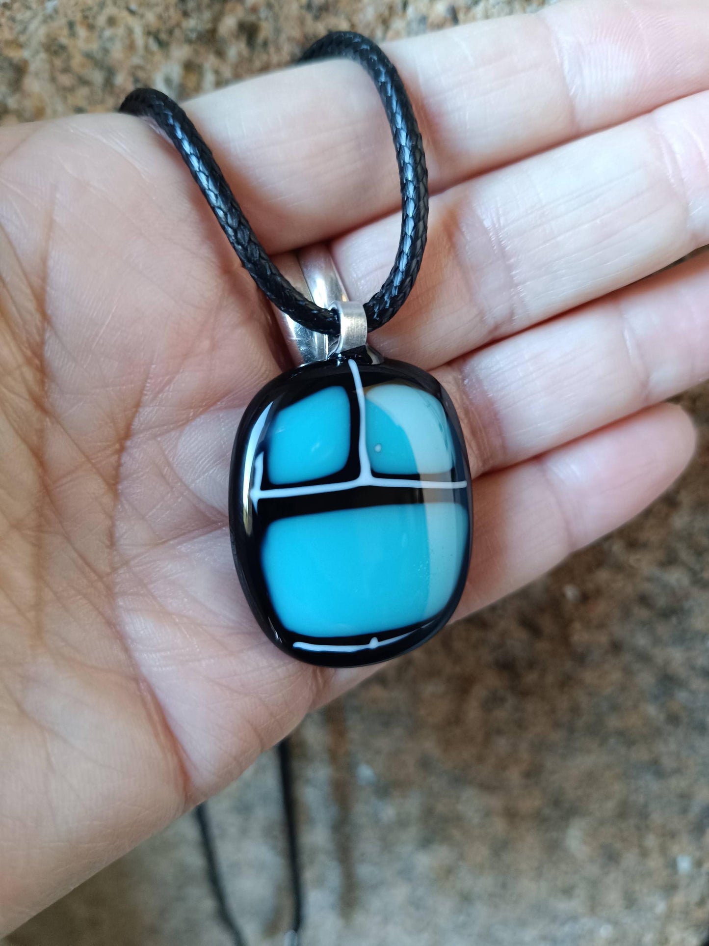 Handmade black and blue fused glass pendant with cord necklace, unisex birthday gift, unique jewelry, boho chic