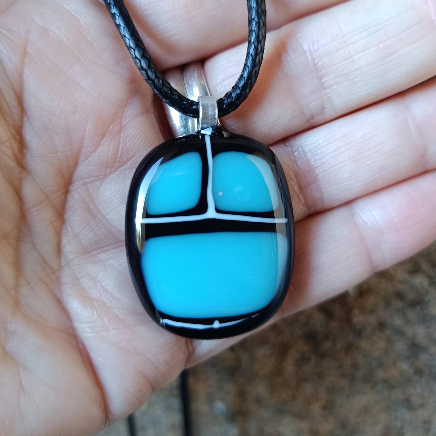 Handmade black and blue fused glass pendant with cord necklace, unisex birthday gift, unique jewelry, boho chic