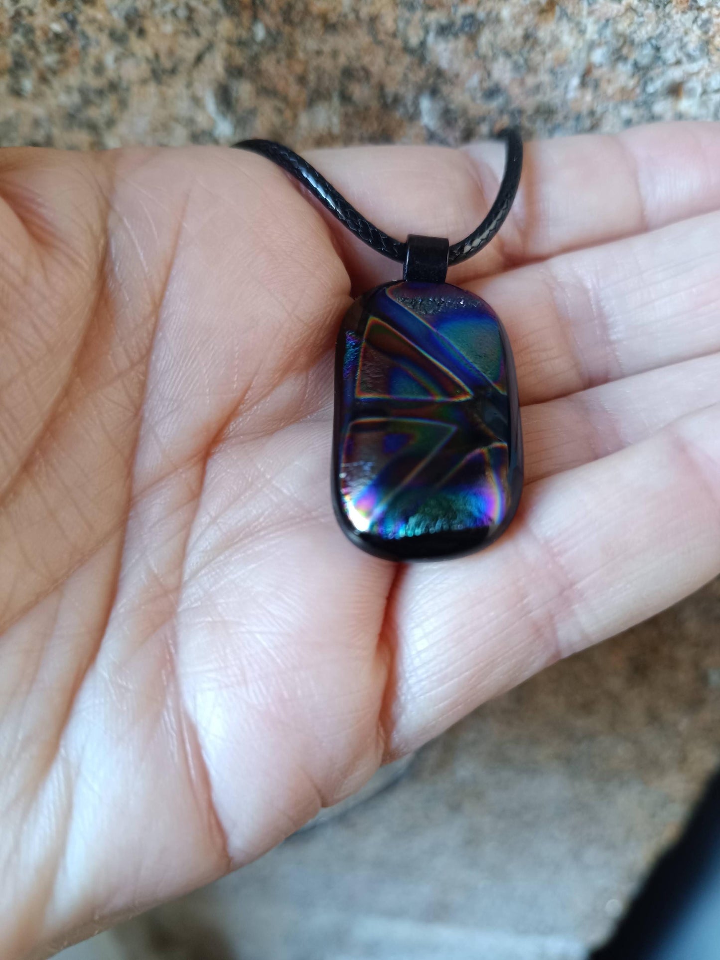 Handmade multicoloured dichroic fused glass pendant with cord necklace, easy to mail small gift, gender-neutral gift