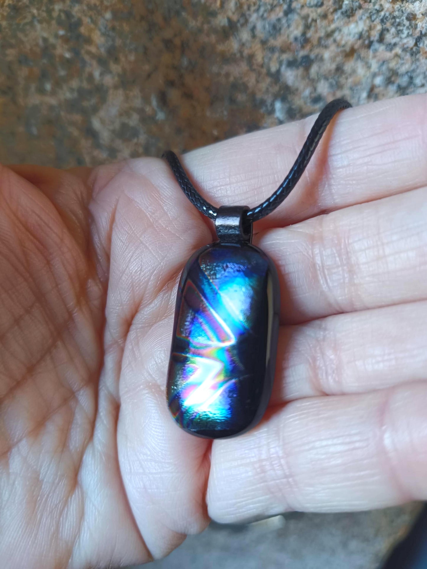 Handmade multicoloured dichroic fused glass pendant with cord necklace, easy to mail small gift, gender-neutral gift