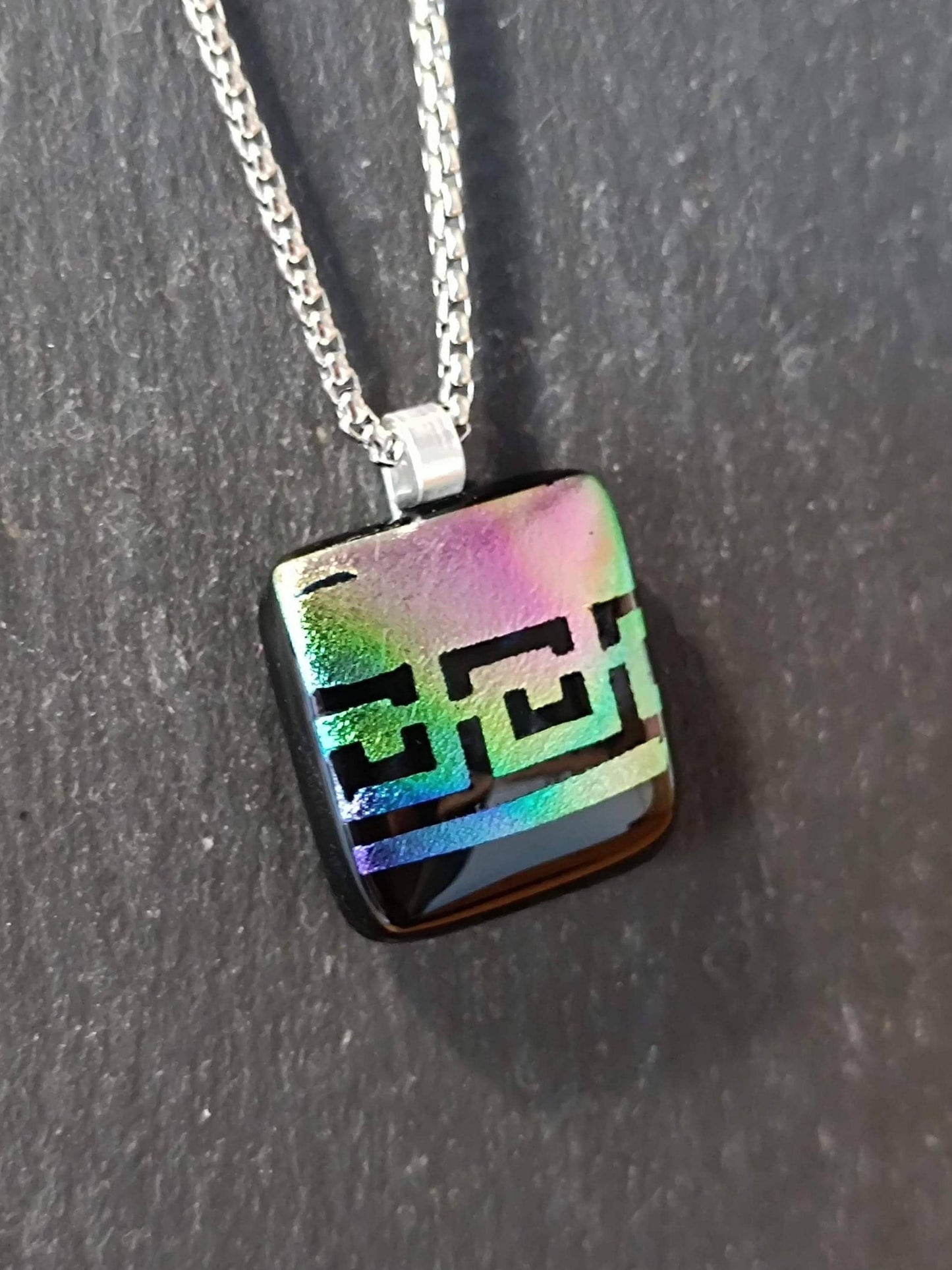 Handmade rainbow dichroic fused glass pendant necklace, gender-neutral birthday gift idea, easy to mail idea