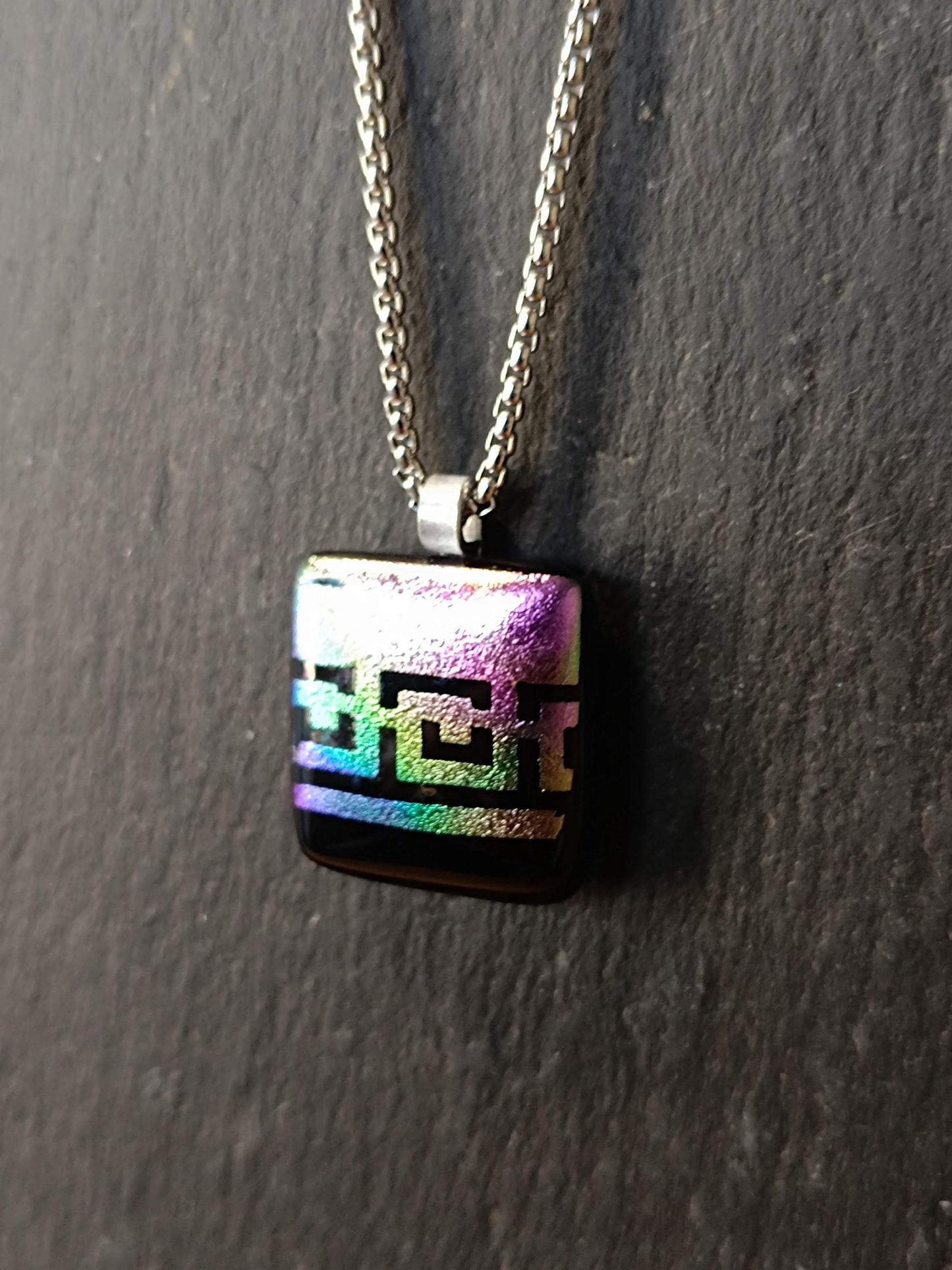Handmade rainbow dichroic fused glass pendant necklace, gender-neutral birthday gift idea, easy to mail idea
