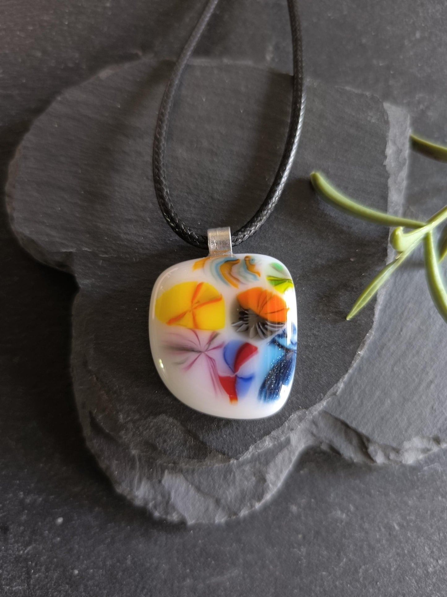 Handmade multicoloured fused glass pendant necklace, birthday gift, gender-neutral gift, artisan original jewellery, easy to mail gift