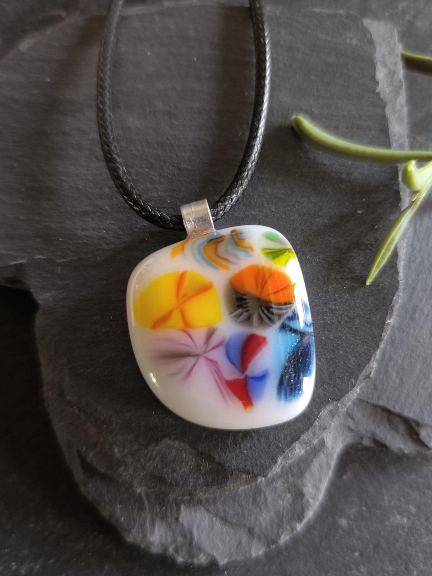 Handmade multicoloured fused glass pendant necklace, birthday gift, gender-neutral gift, artisan original jewellery, easy to mail gift