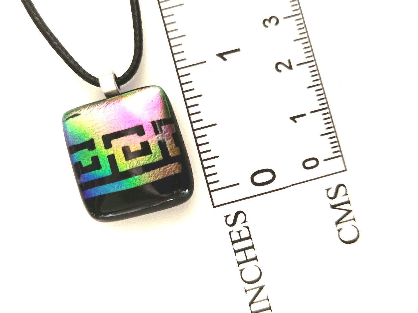 Handmade rainbow dichroic fused glass pendant necklace, gender-neutral birthday gift idea, easy to mail idea