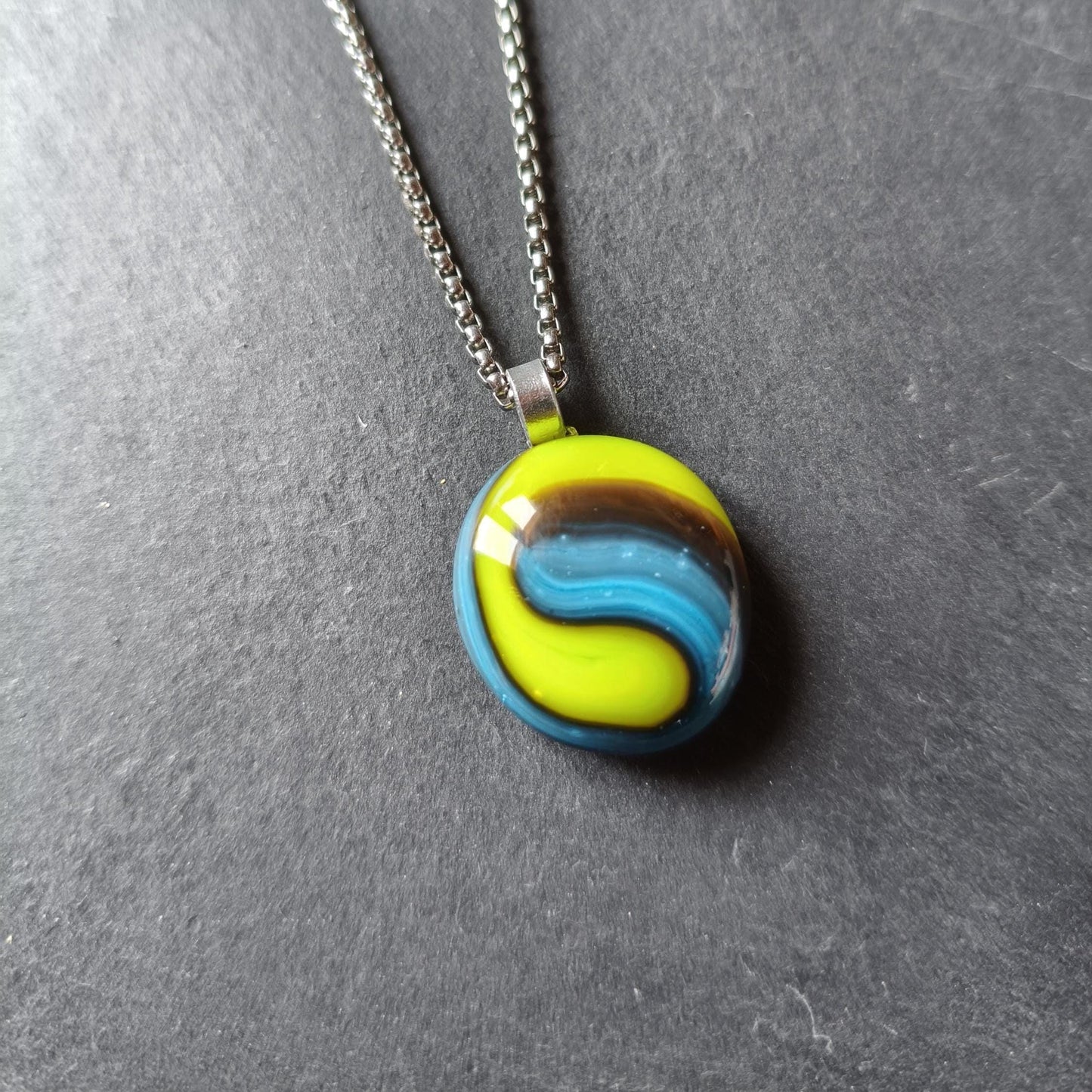 Handcrafted green and blue glass necklace pendant, melted marble creation, gender-neutral gift, small birthday gift, easy to mail