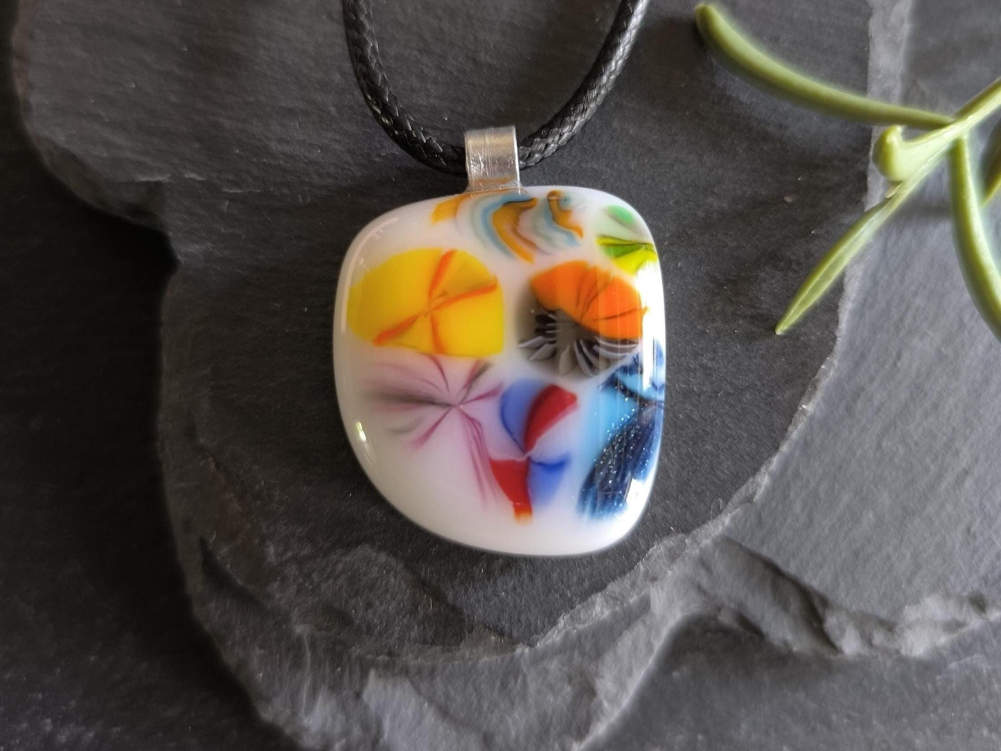 Handmade multicoloured fused glass pendant necklace, birthday gift, gender-neutral gift, artisan original jewellery, easy to mail gift