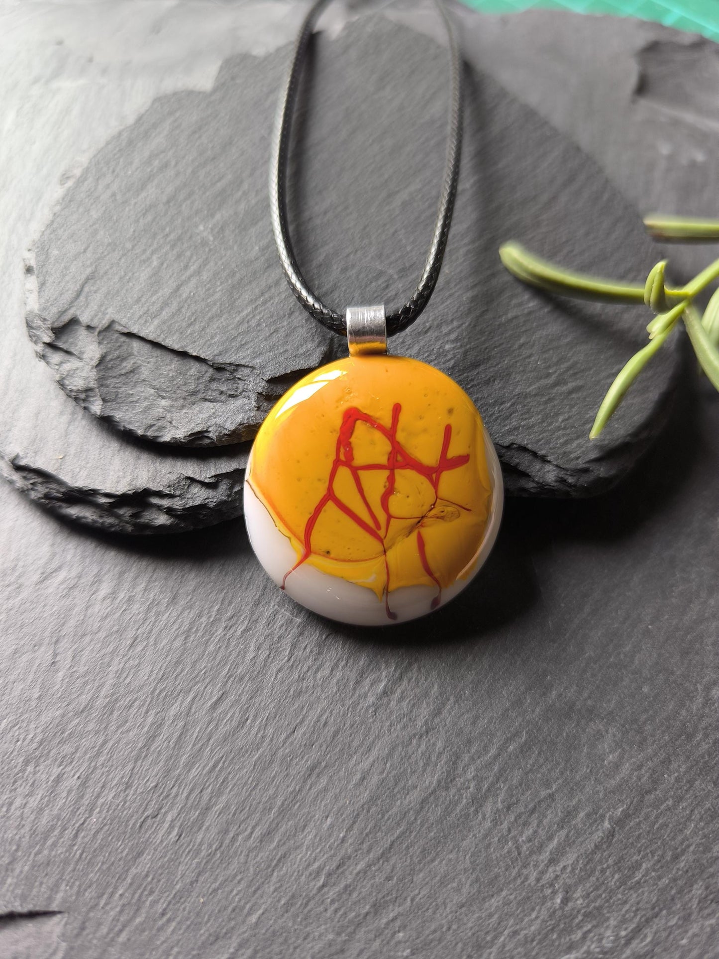 Handmade mustard yellow fused glass pendant with cord necklace, grunge pendant, unique wearable art, gender-neutral, easy to mail gift