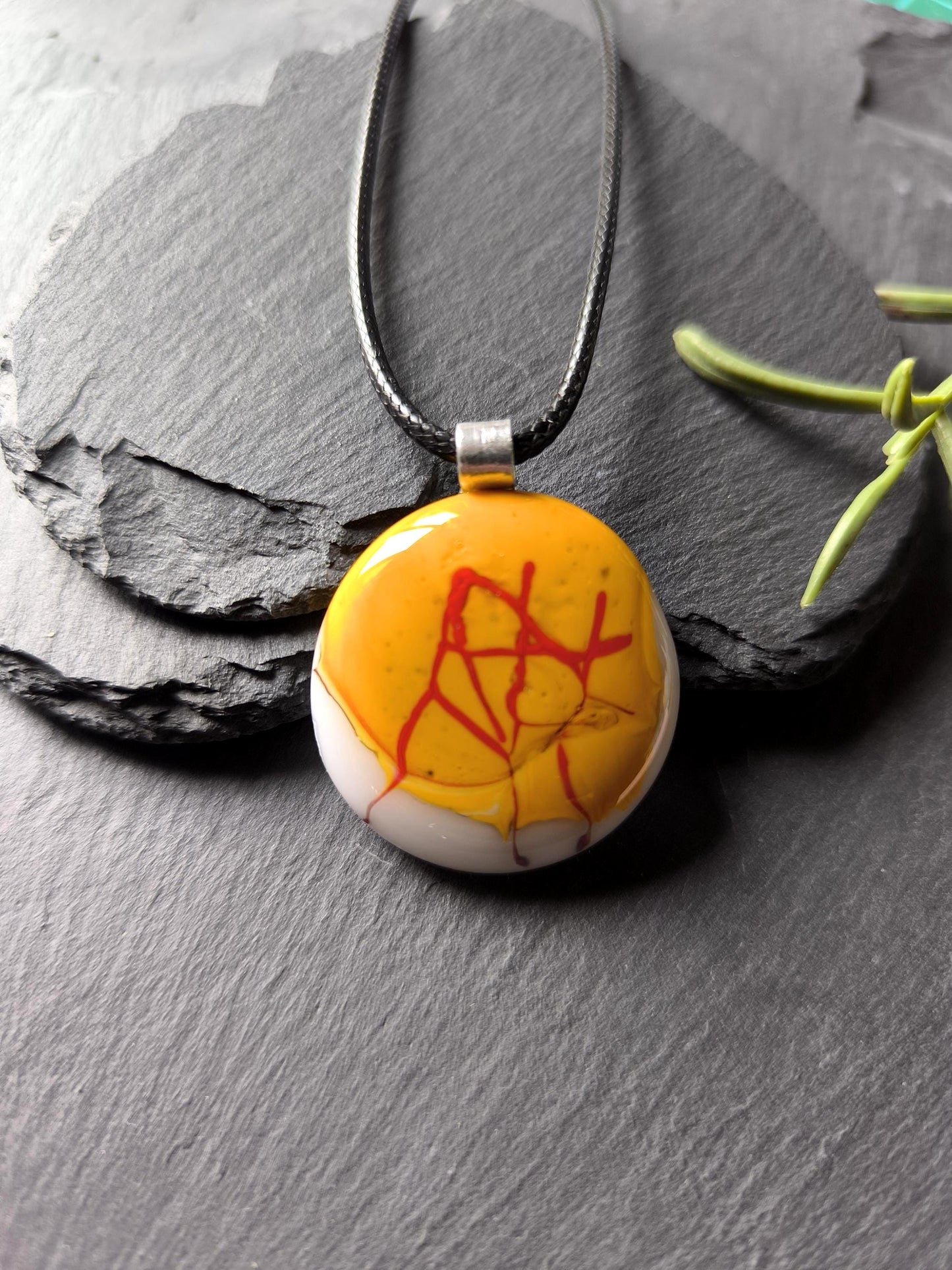 Handmade mustard yellow fused glass pendant with cord necklace, grunge pendant, unique wearable art, gender-neutral, easy to mail gift