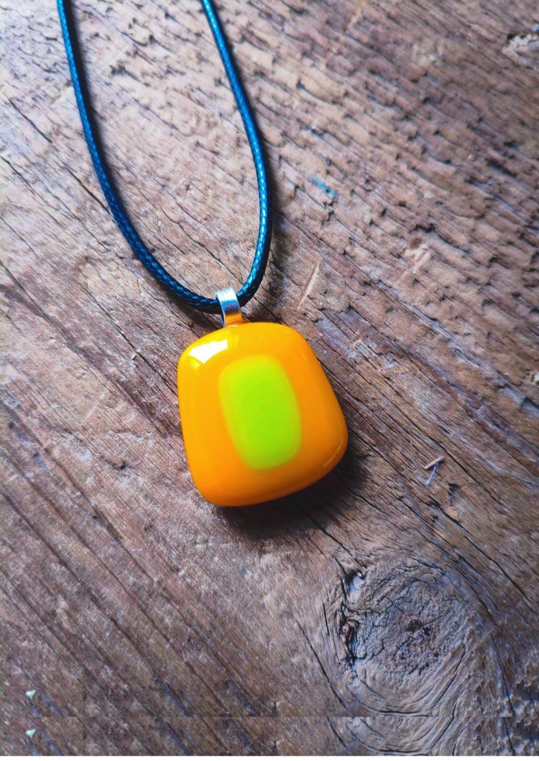 Unique orange summer vibrant fused glass pendant necklace