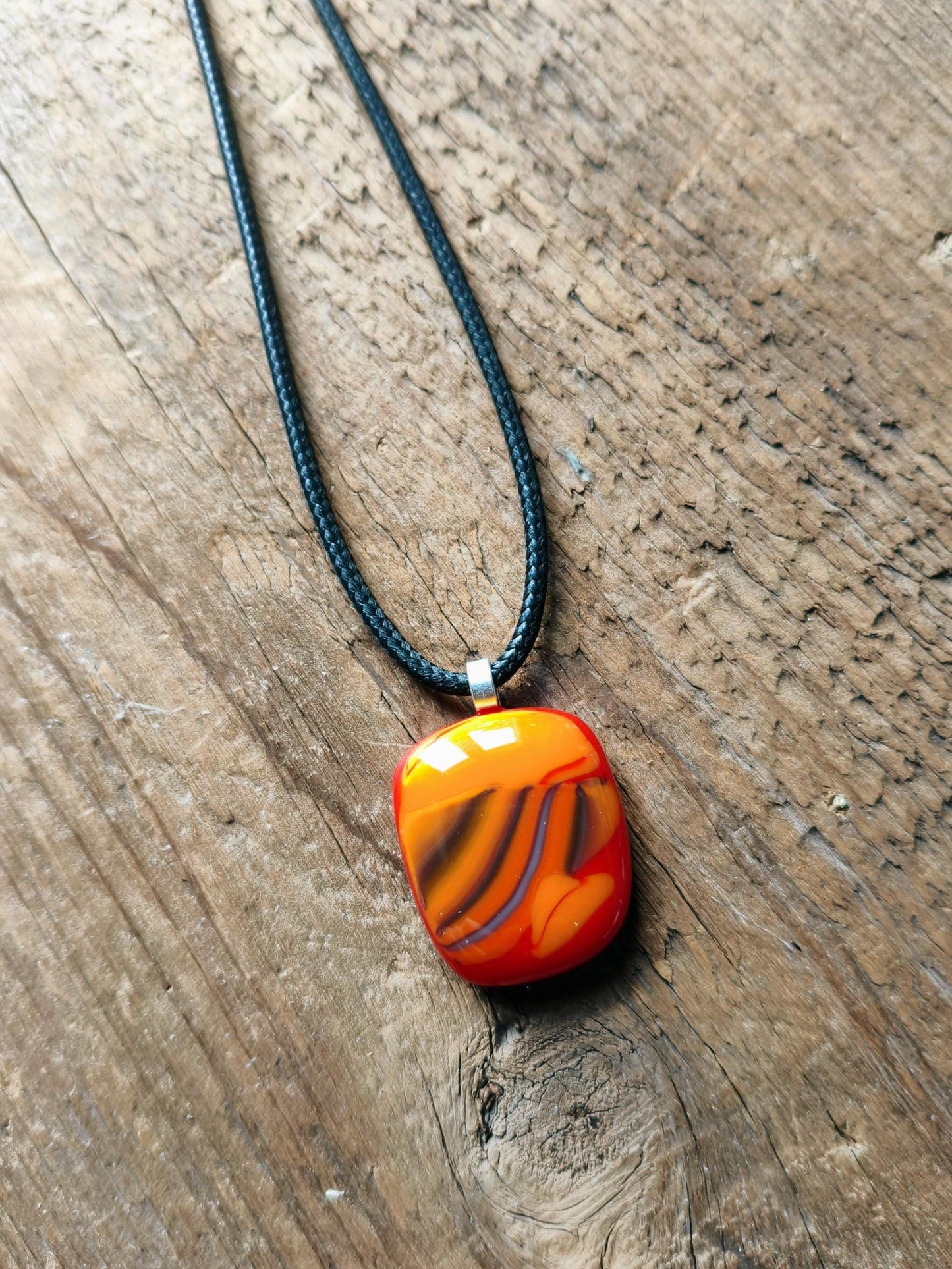 Handcrafted red and orange fused one off glass pendant necklace with cord necklace