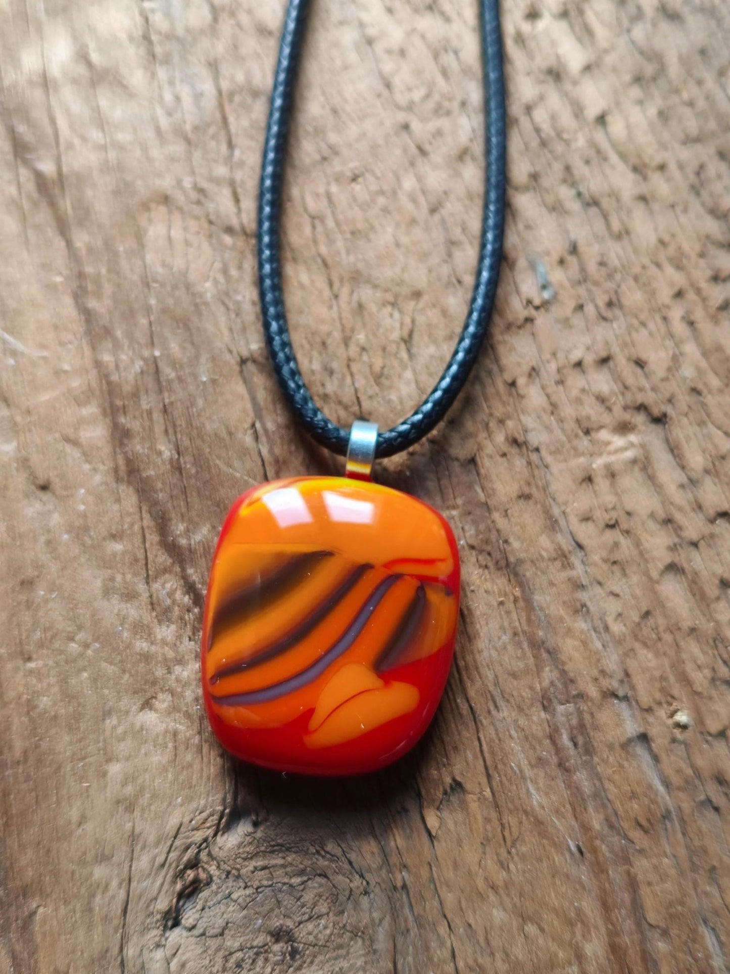 Handcrafted red and orange fused one off glass pendant necklace with cord necklace