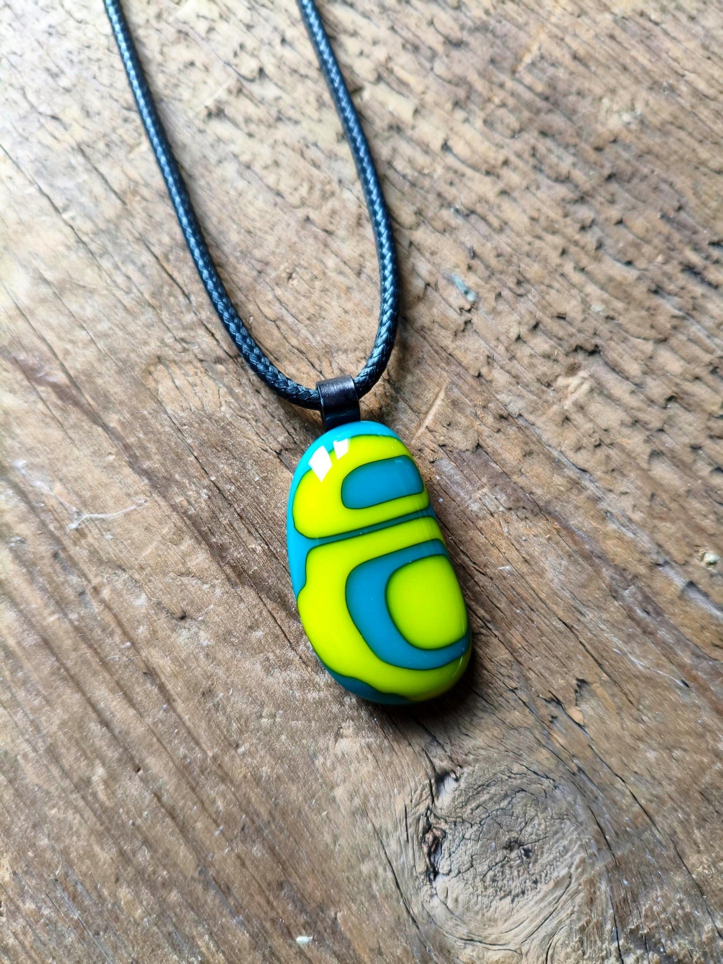 Handcrafted turquoise and lime glass abstract pendant necklace with cord necklace