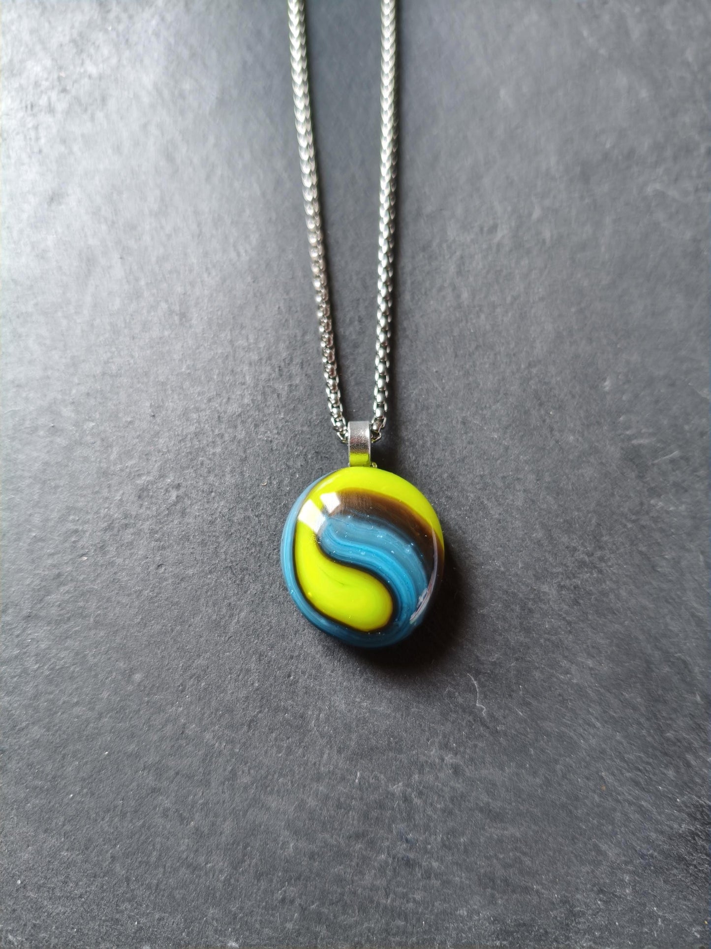 Handcrafted green and blue glass necklace pendant, melted marble creation, gender-neutral gift, small birthday gift, easy to mail