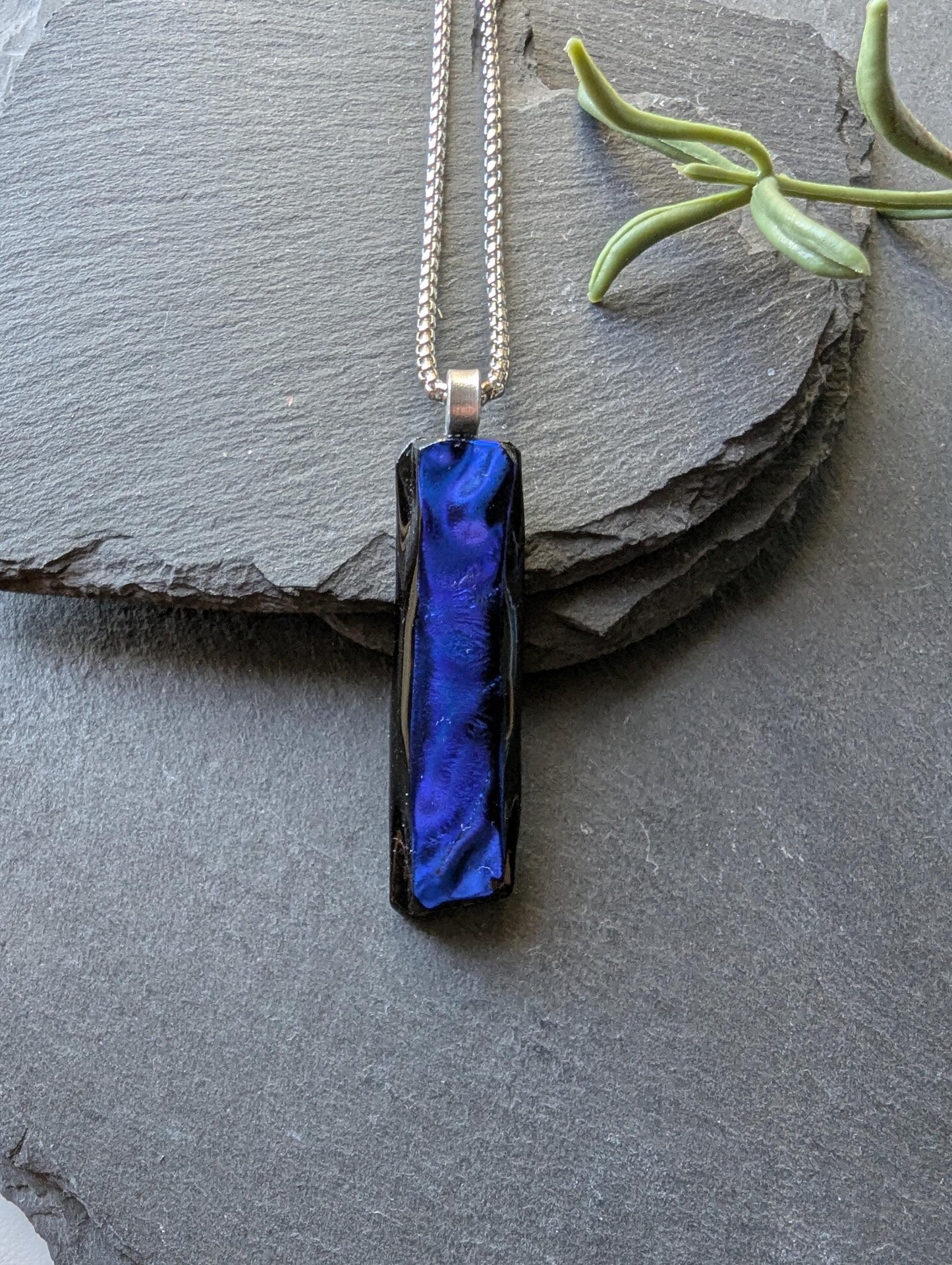 One-of-a-Kind Long Blue Textured Dichroic Glass Pendant Necklace