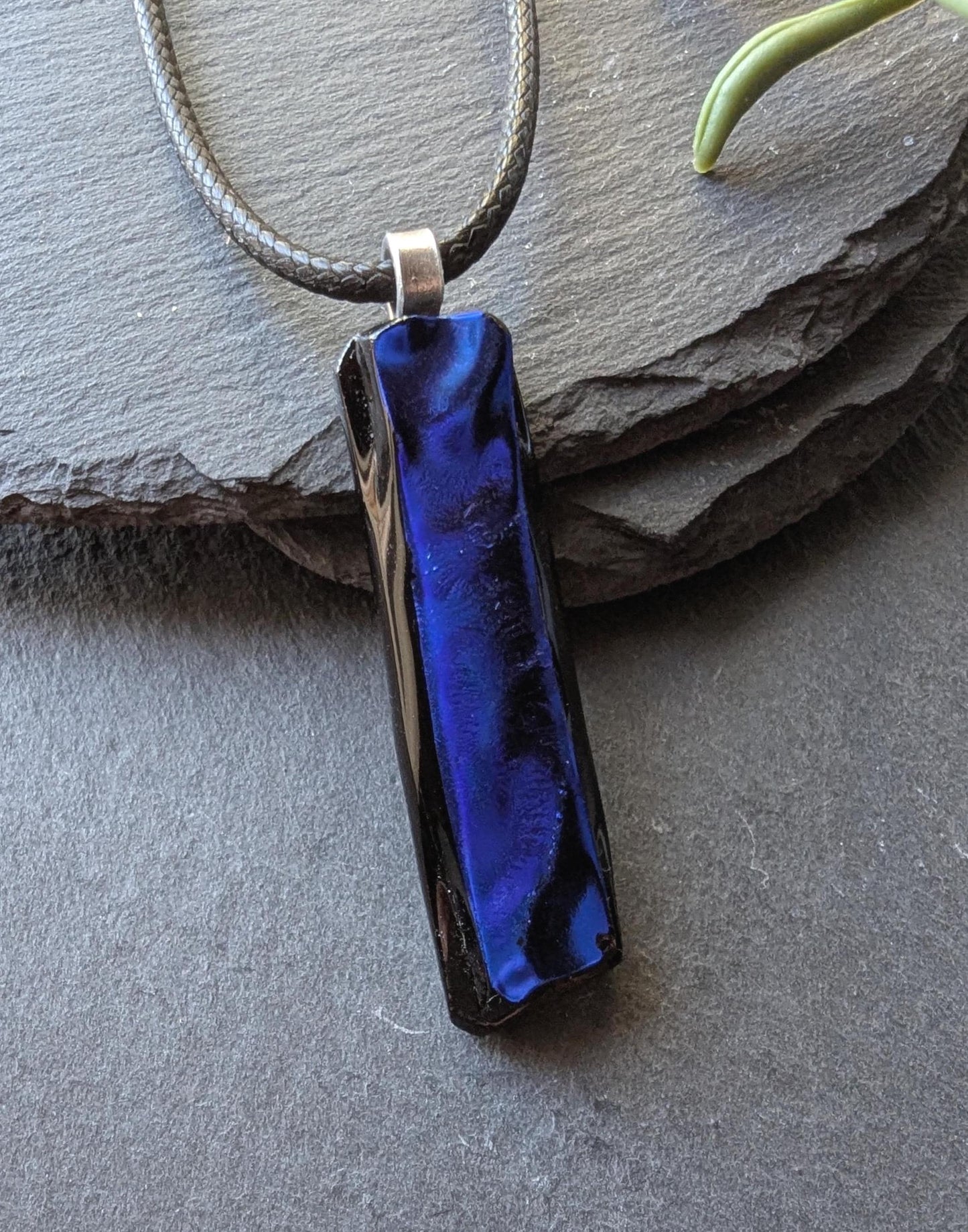 One-of-a-Kind Long Blue Textured Dichroic Glass Pendant Necklace