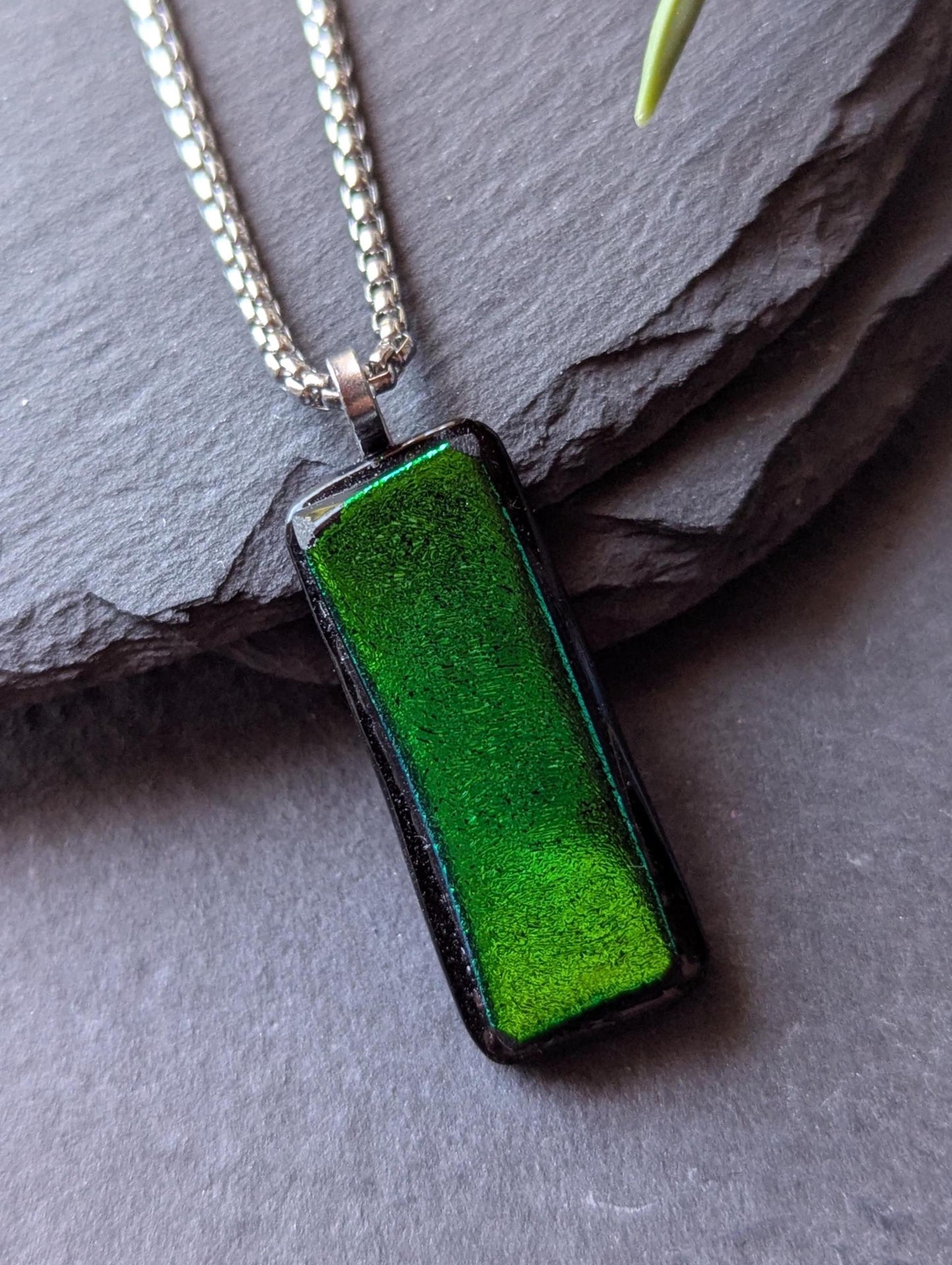 Handcrafted Green Dichroic Glass Pendant with two necklaces