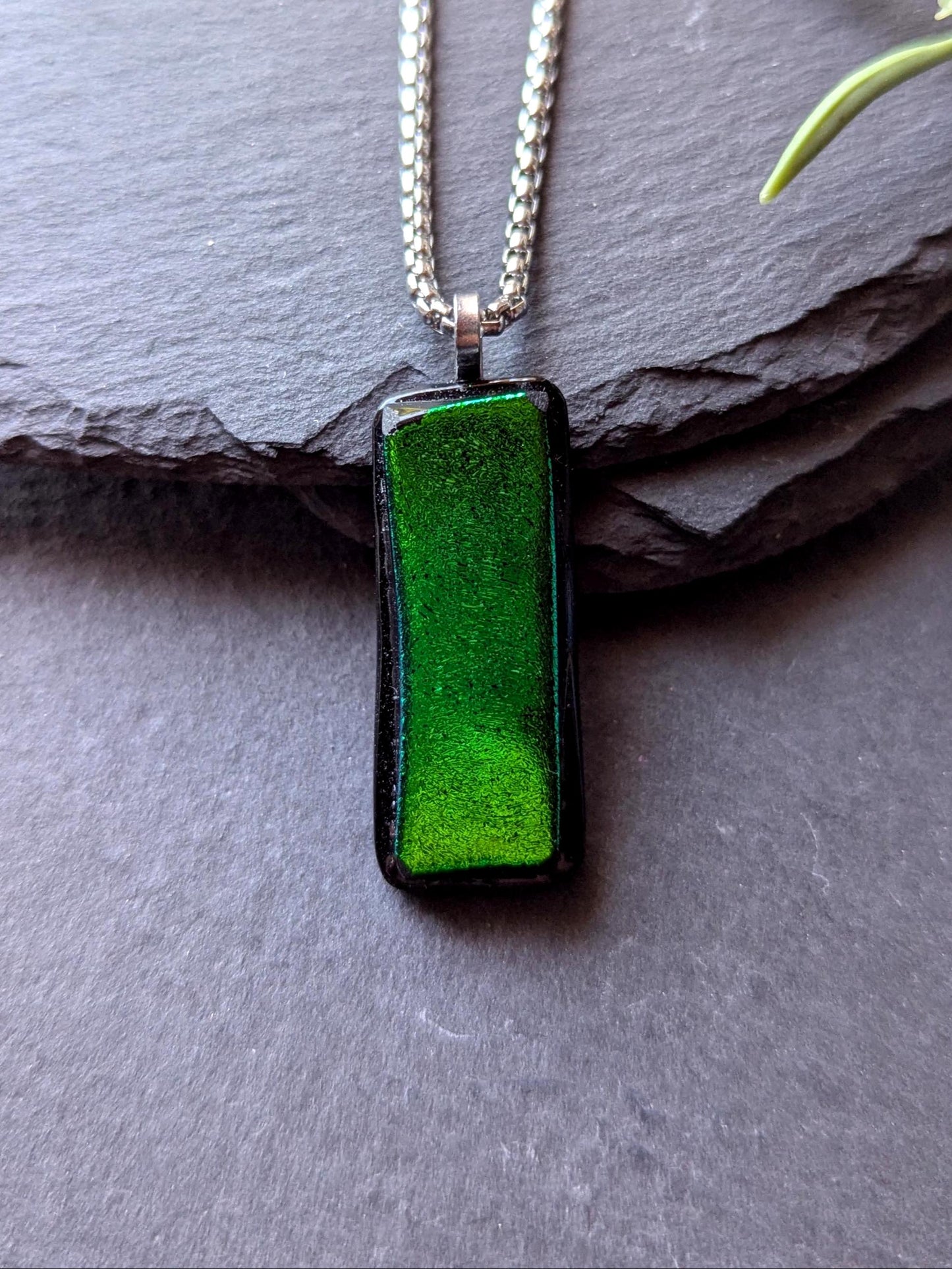 Handcrafted Green Dichroic Glass Pendant with two necklaces