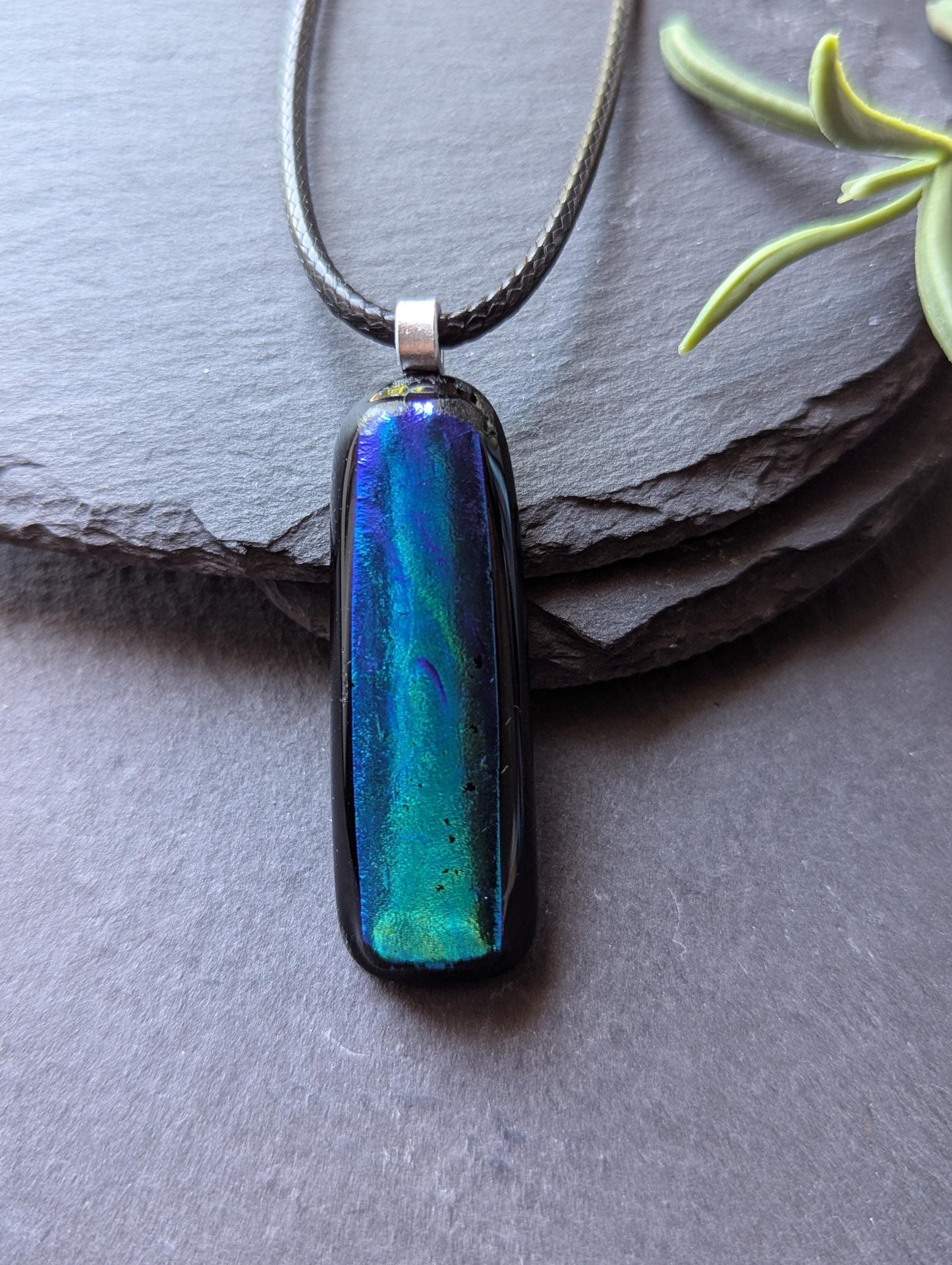Long Vibrant Blue Turquoise Dichroic Glass Pendant with Necklace