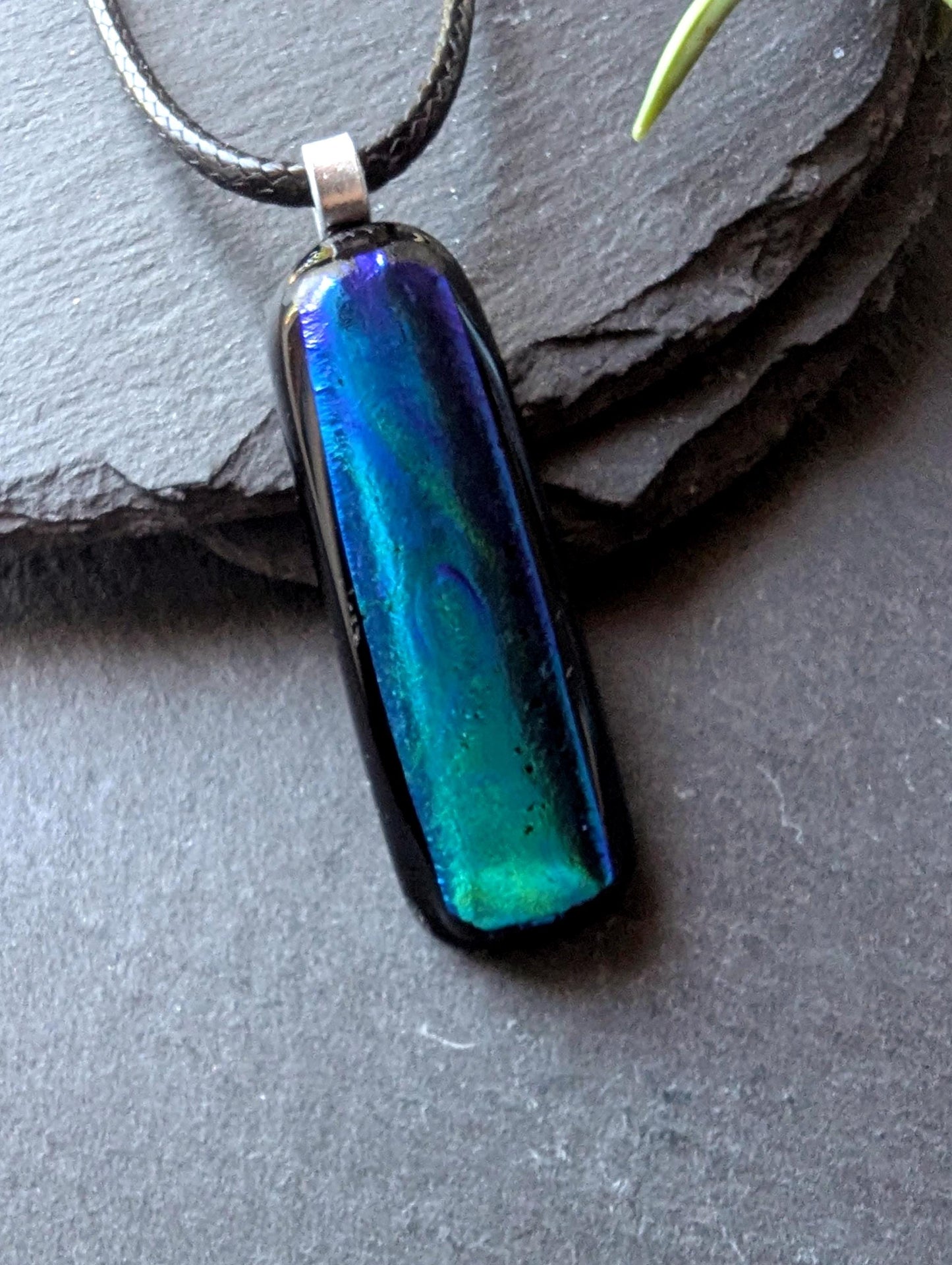 Long Vibrant Blue Turquoise Dichroic Glass Pendant with Necklace