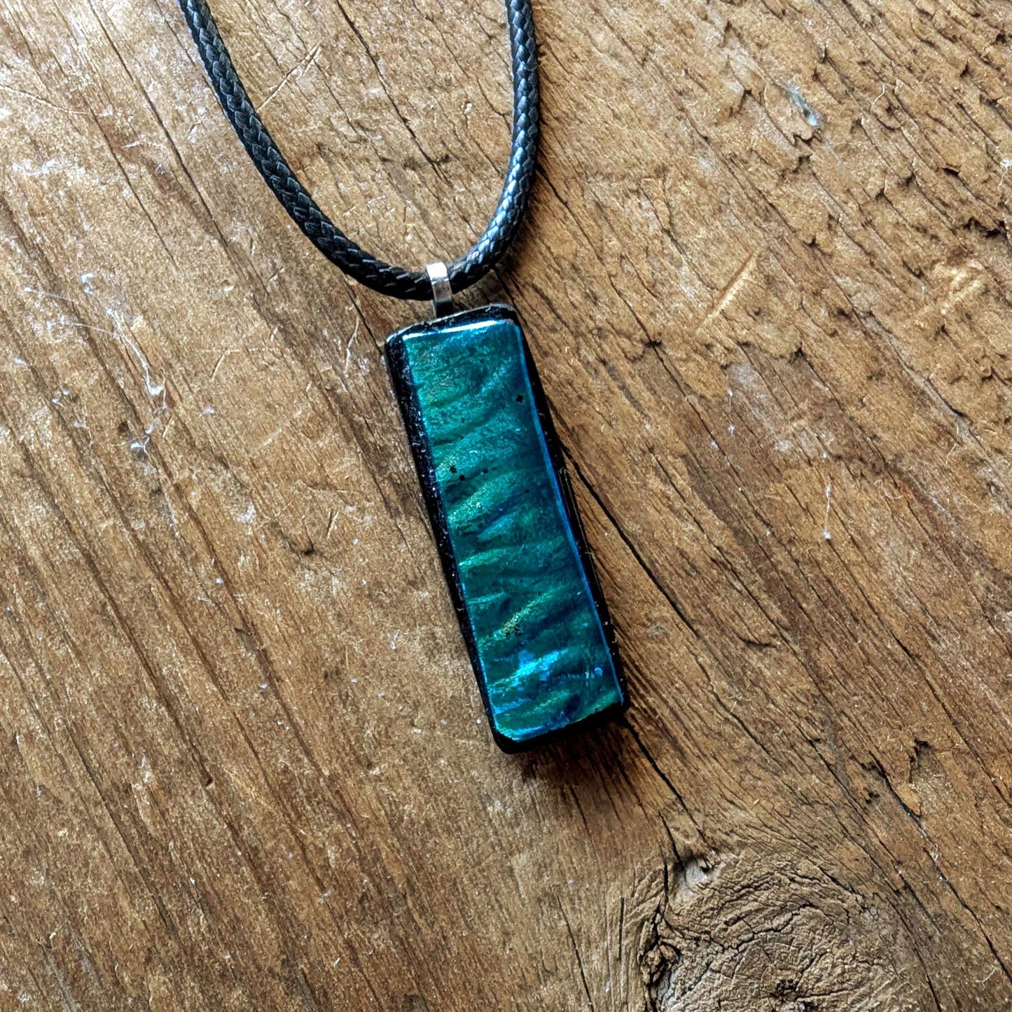One-of-a-Kind Blue Green Textured Dichroic Glass Pendant with two necklaces