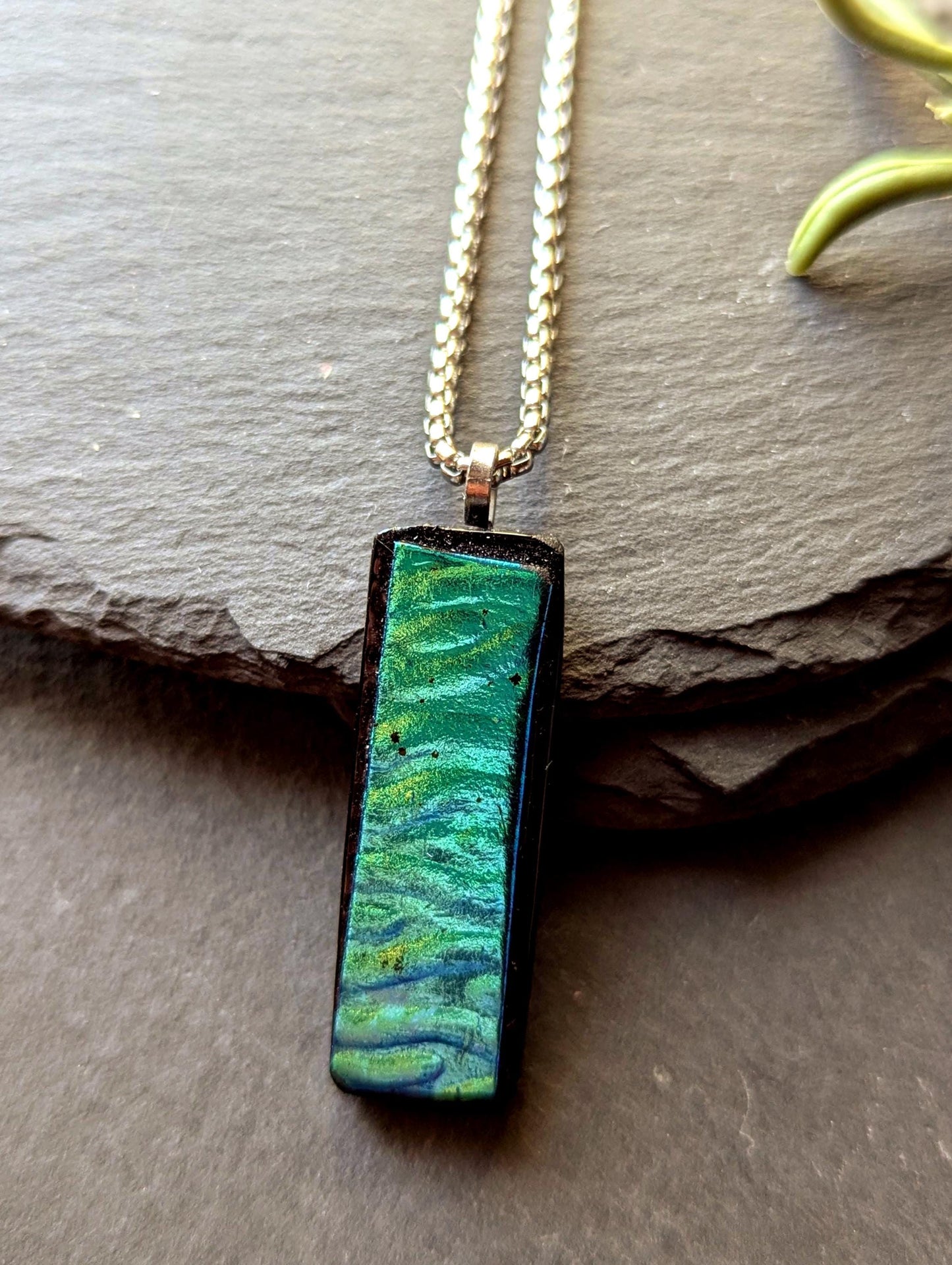 One-of-a-Kind Blue Green Textured Dichroic Glass Pendant with two necklaces