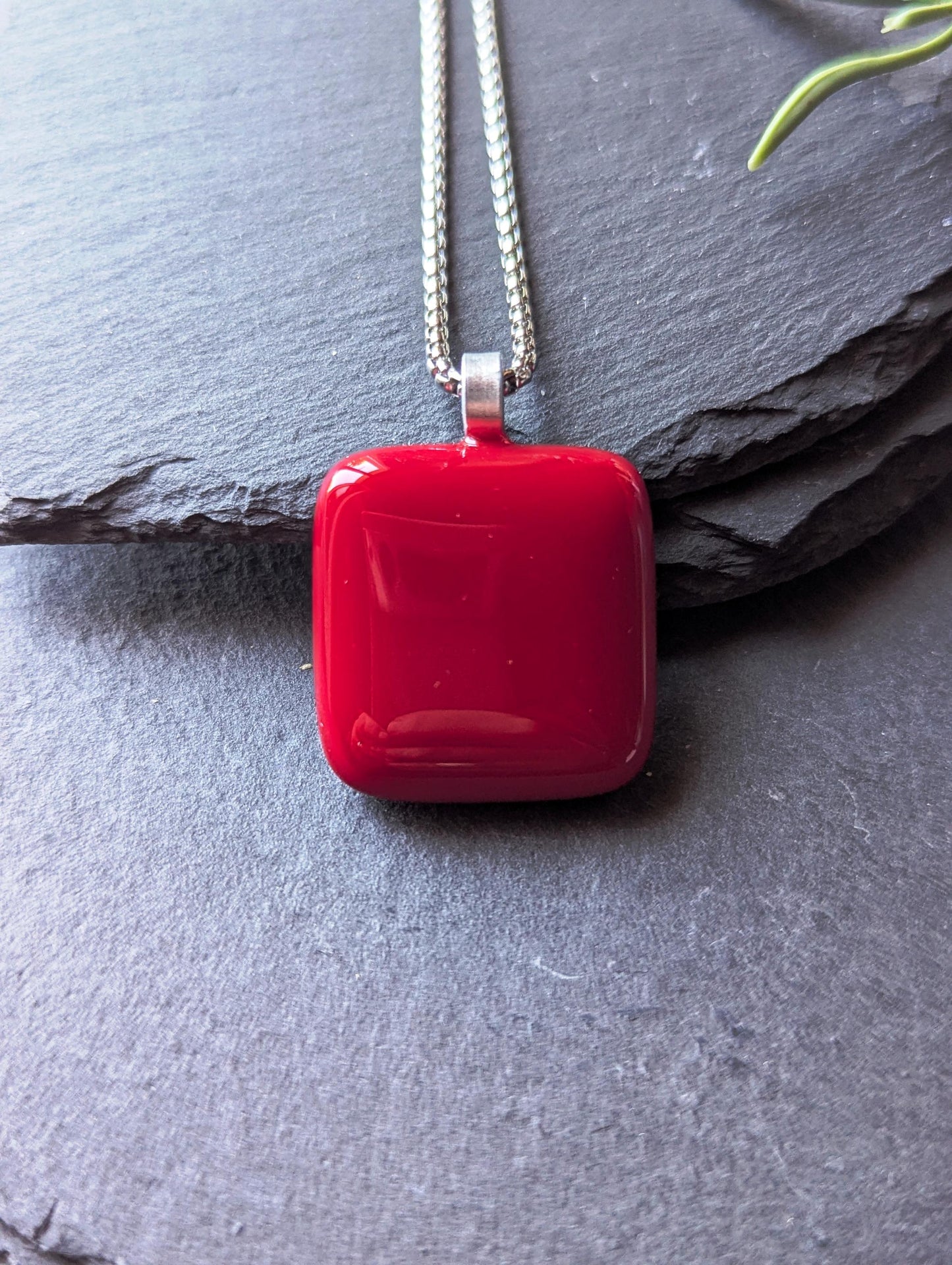 Handcrafted cherry red fused glass pendant with necklace and gift box
