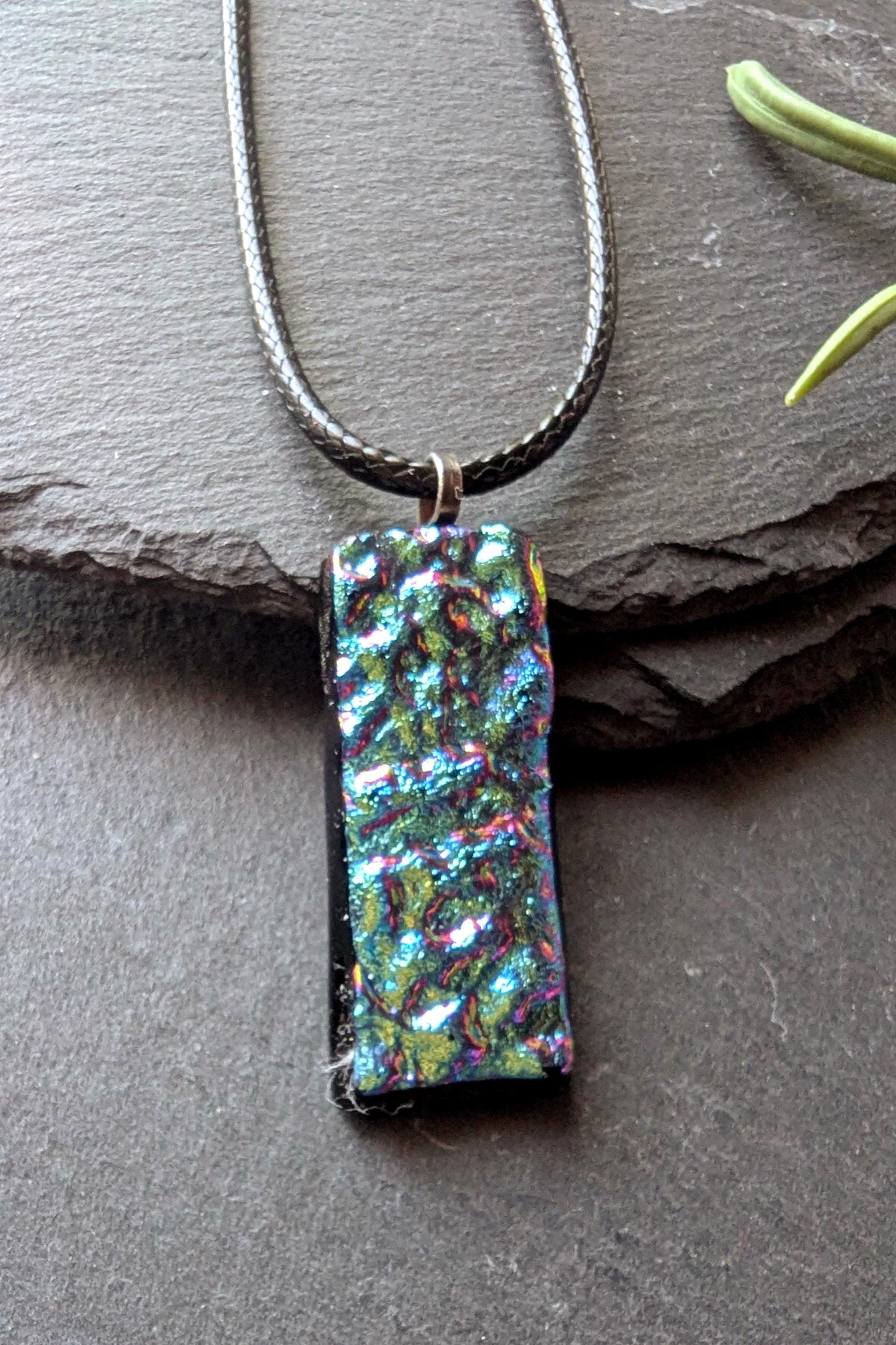Handmade Blue and Pink Textured Dichroic Glass Pendant with Necklace