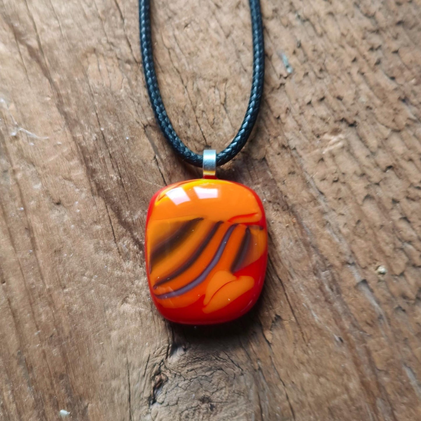 Handcrafted red and orange fused one off glass pendant necklace with cord necklace