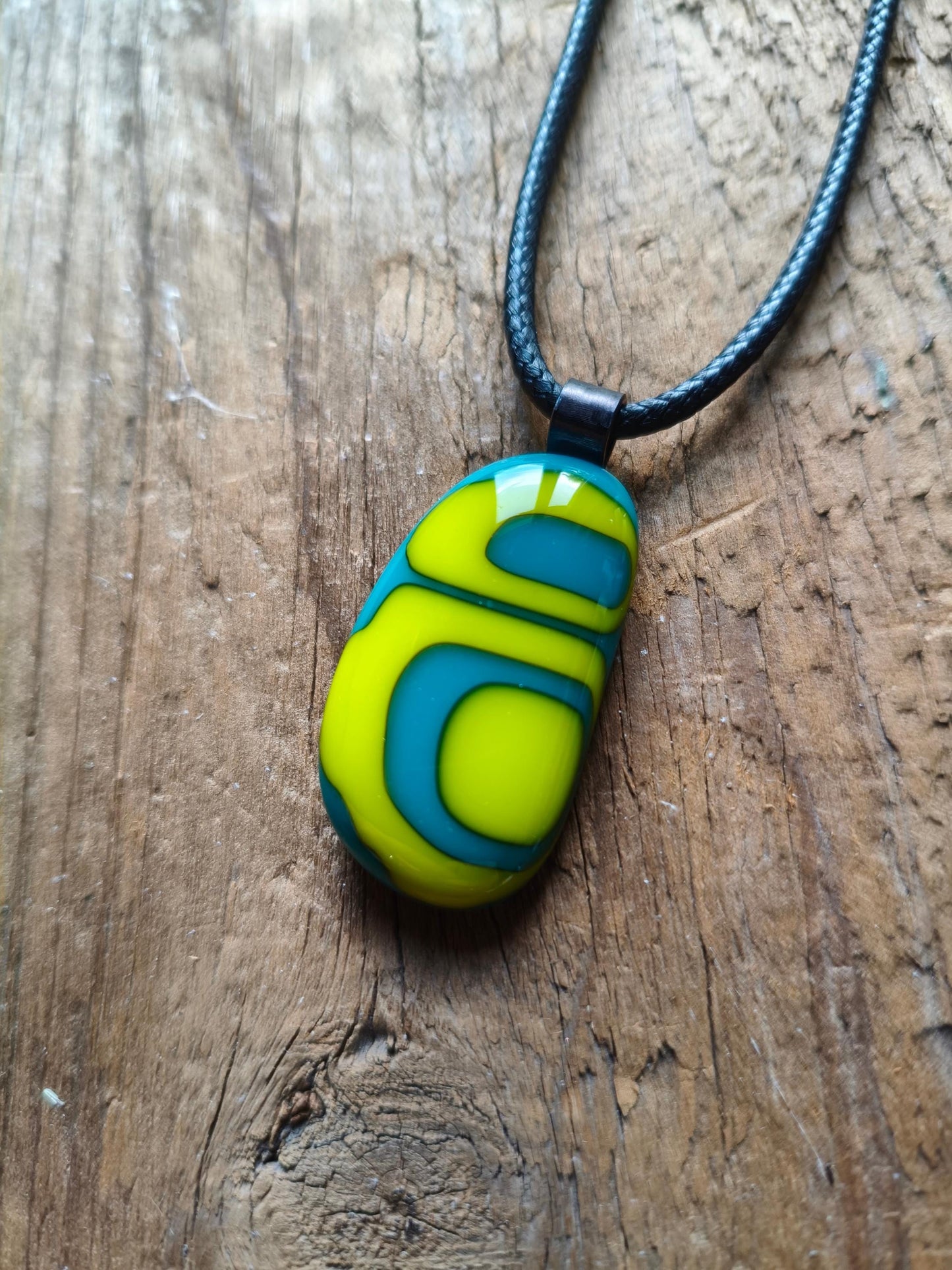 Handcrafted turquoise and lime glass abstract pendant necklace with cord necklace