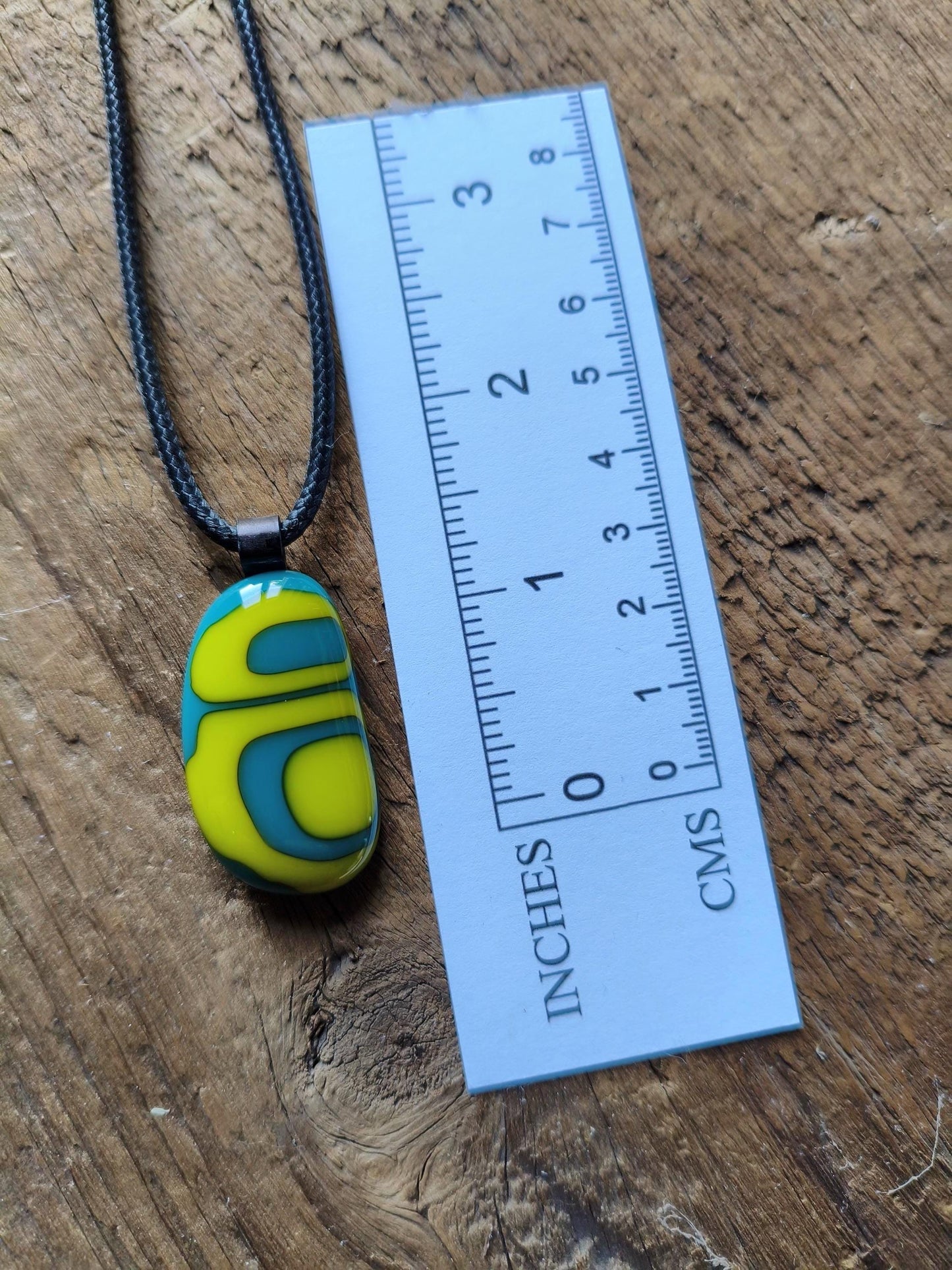 Handcrafted turquoise and lime glass abstract pendant necklace with cord necklace