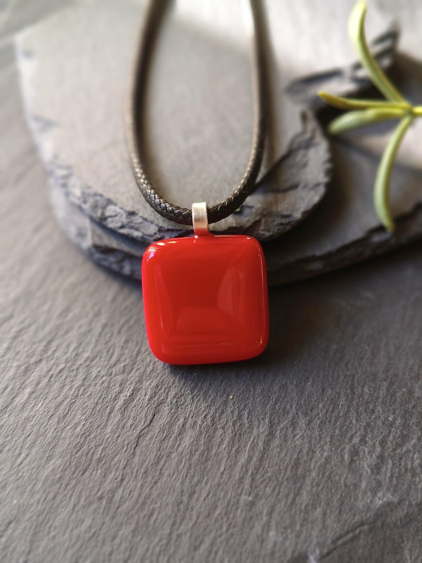 Handcrafted cherry red fused glass pendant with necklace and gift box