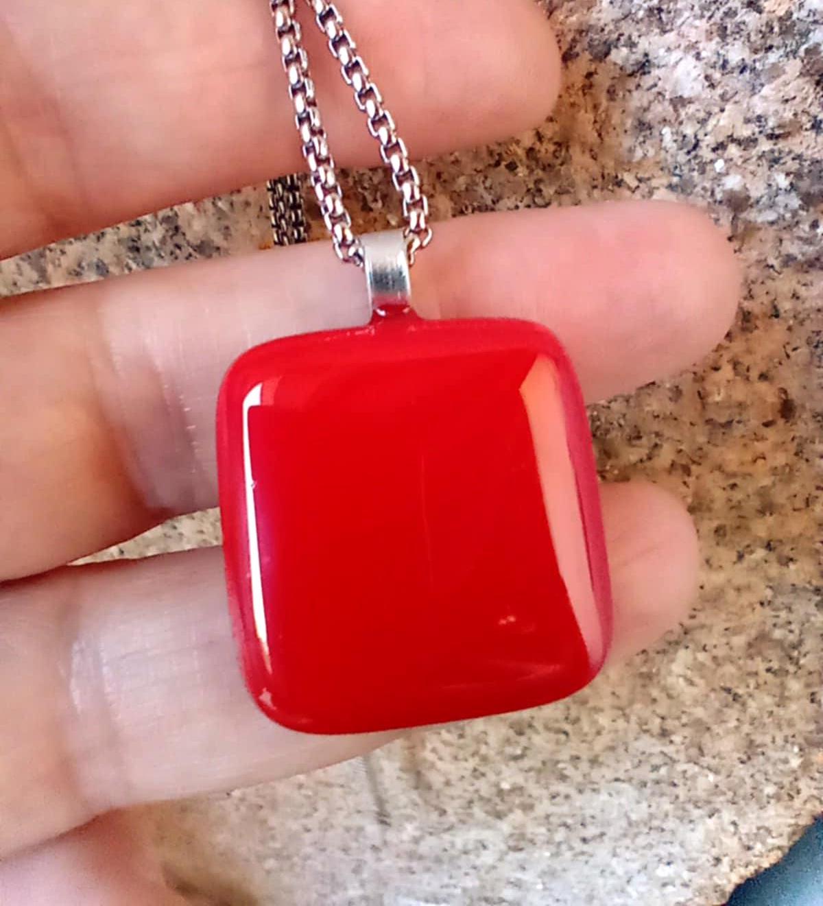 Handcrafted cherry red fused glass pendant with necklace and gift box