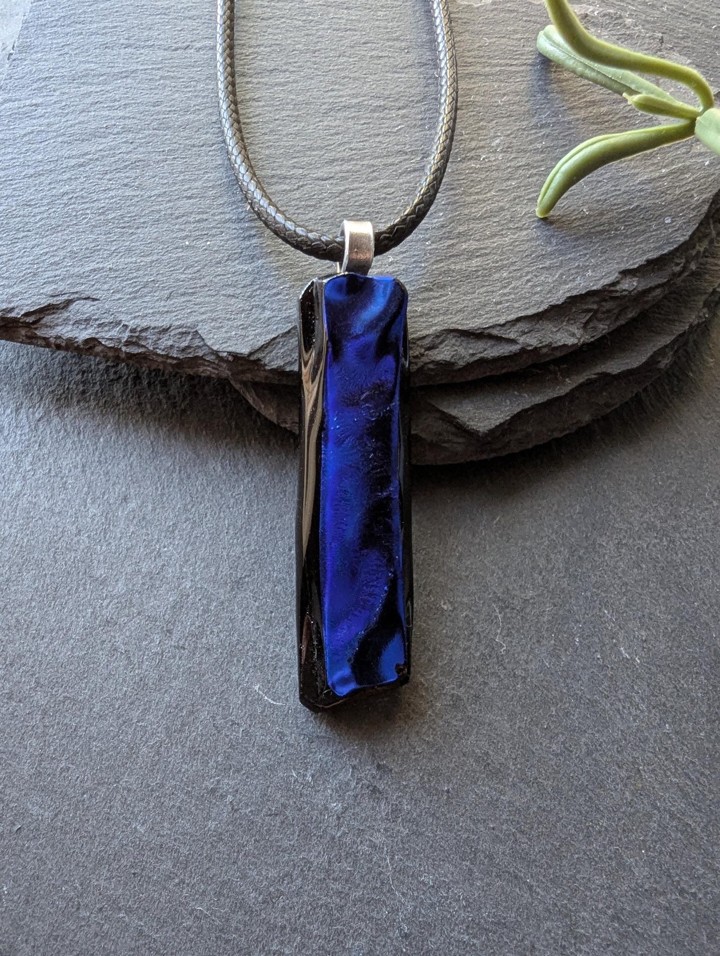 One-of-a-Kind Long Blue Textured Dichroic Glass Pendant Necklace