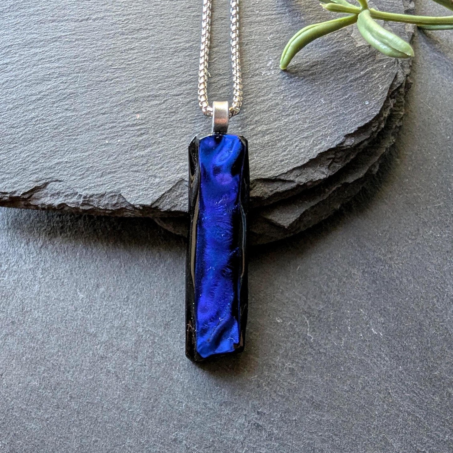 One-of-a-Kind Long Blue Textured Dichroic Glass Pendant Necklace
