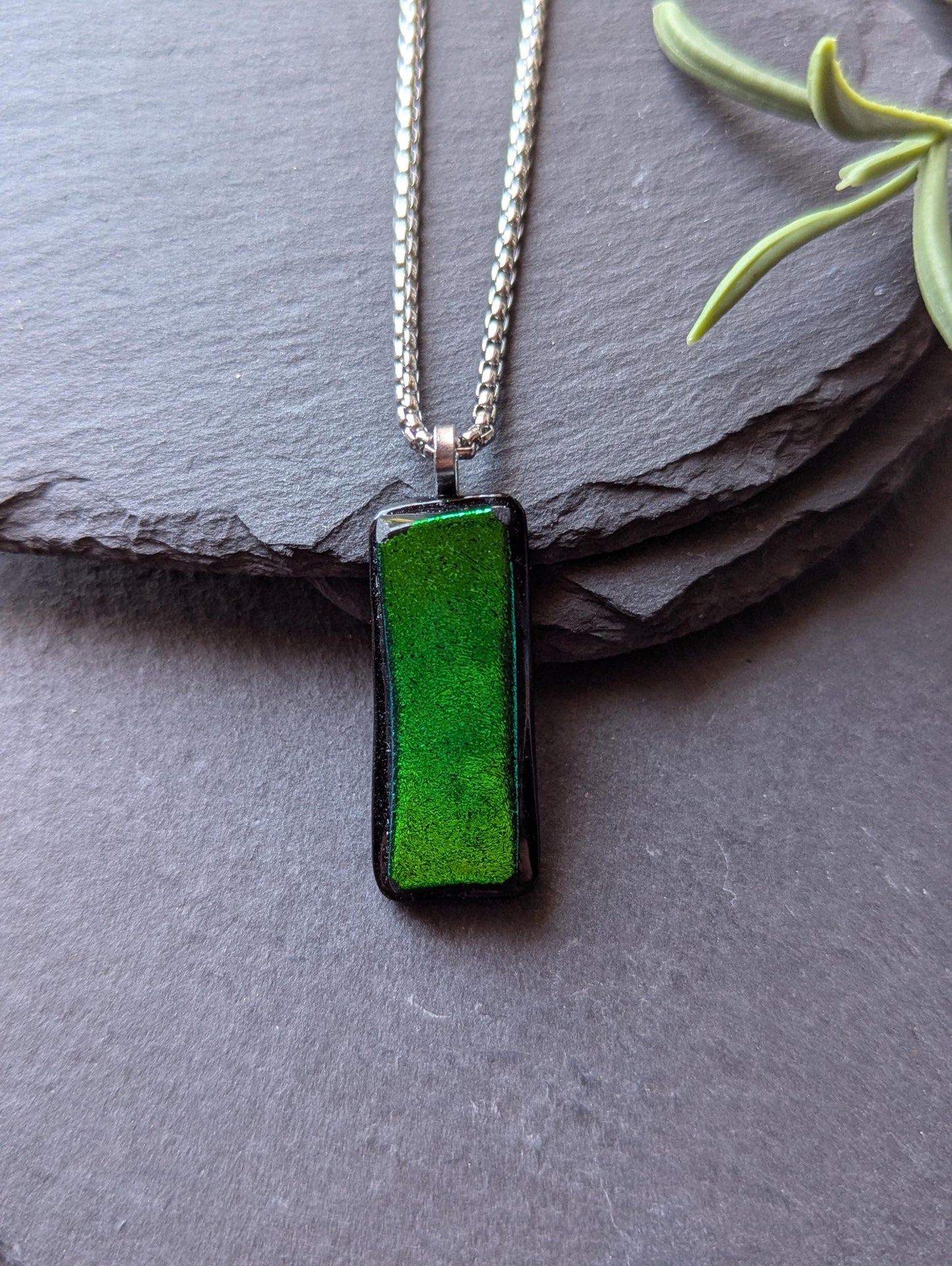 Handcrafted Green Dichroic Glass Pendant with two necklaces