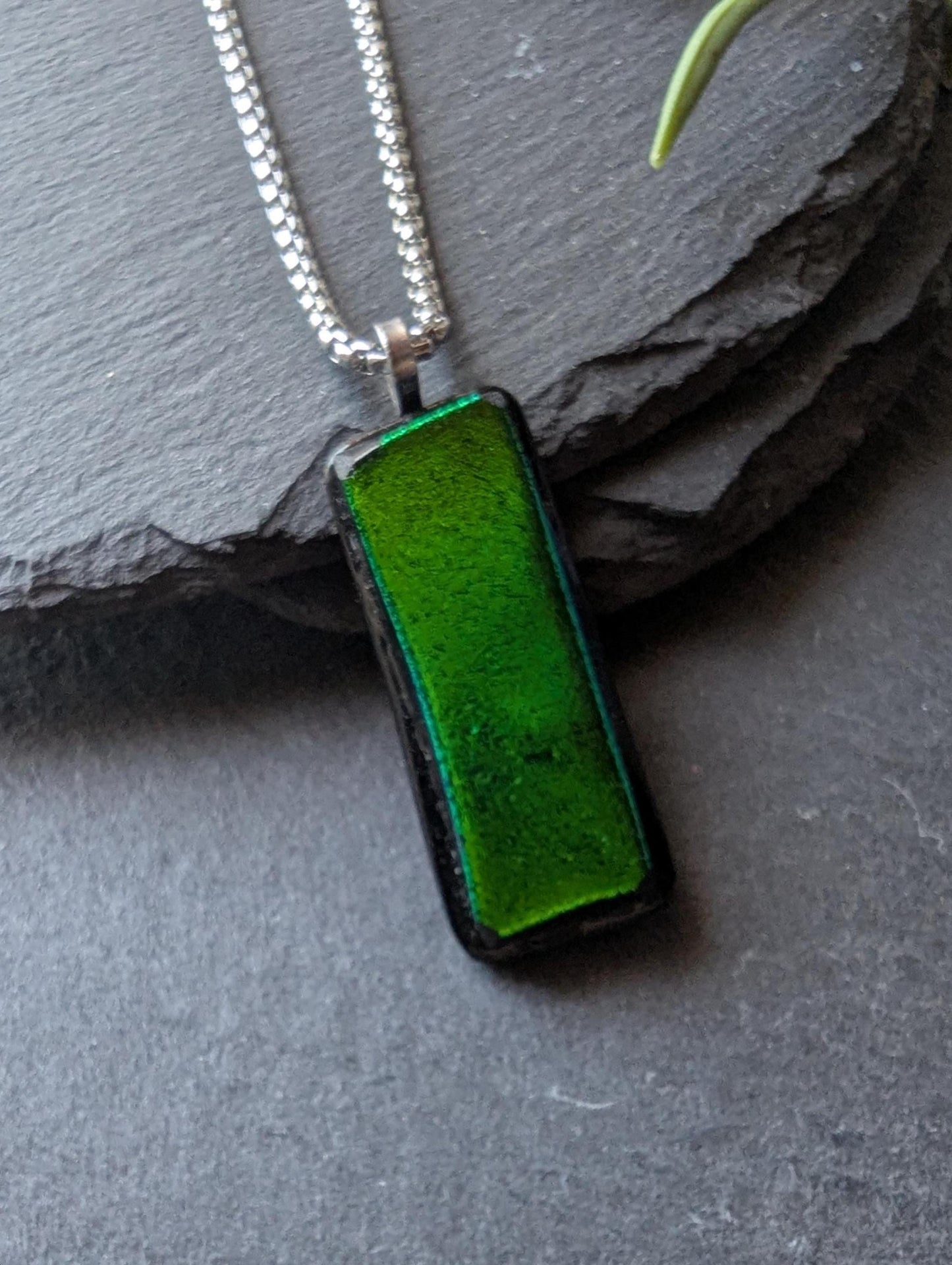 Handcrafted Green Dichroic Glass Pendant with two necklaces